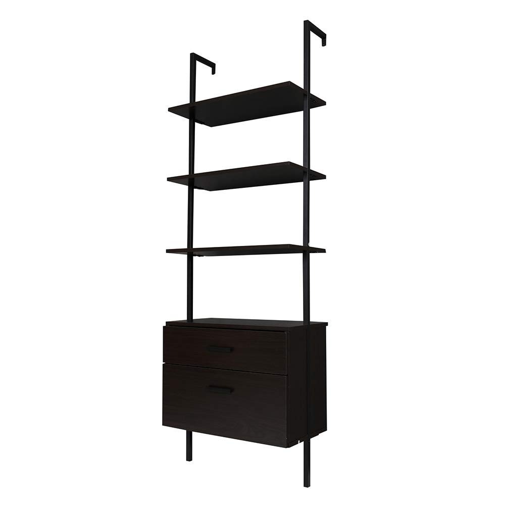 Nathan James Theo Industrial Bookshelf with Wood Drawers & Matte Steel Frame - 3-Shelf Storage Unit in Nutmeg/Black - Perfect for Living Room, Office & Bedroom Organization