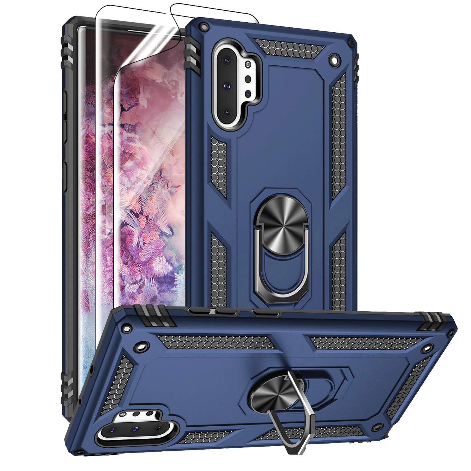 Samsung Galaxy Note 10 Plus Case with HD Screen Protector - Military-Grade Shockproof Cover with Metal Ring Holder Stand | Drop Tested Protection for Note 10+/5G (Blue) | Perfect for Work, Travel & Outdoor Activities