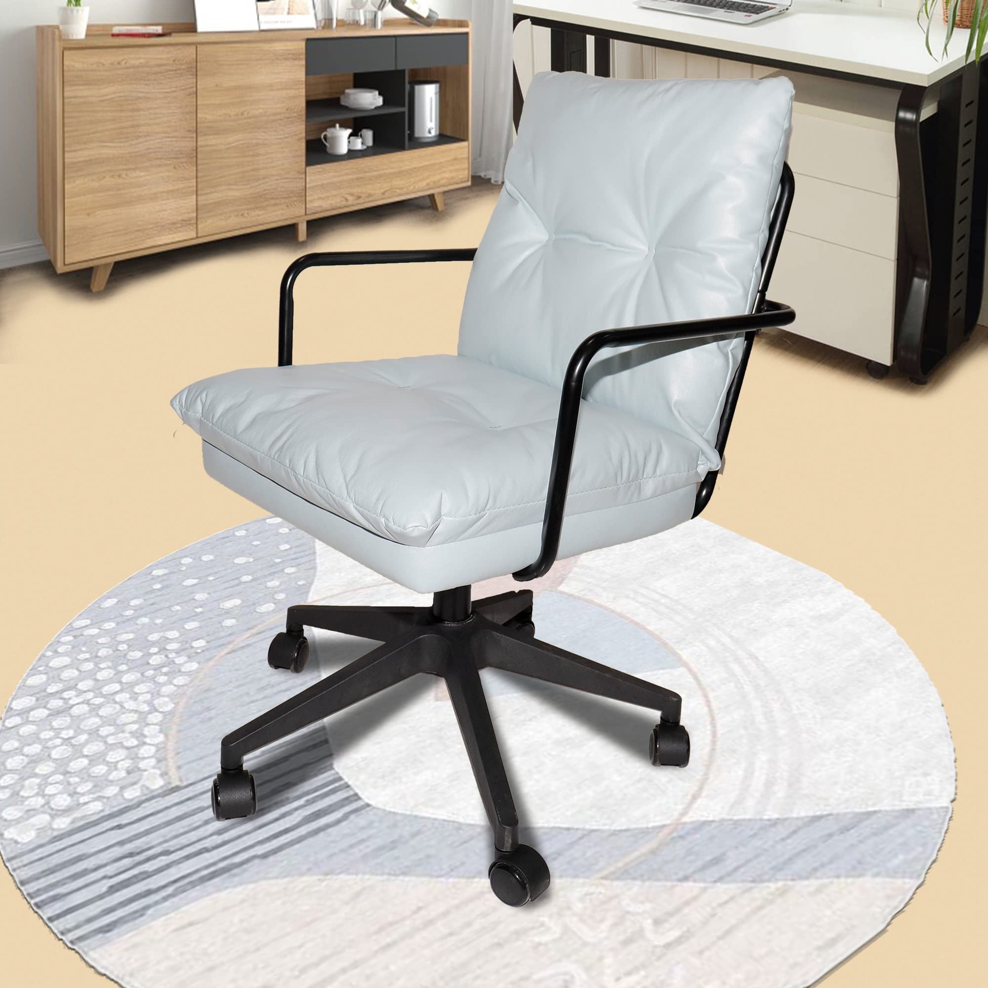 Ergonomic Office Chair - 360-Degree Swivel Upholstered Desk Chair with Rollers, High Elastic Sponge & PU Leather Fabric - Easy Assembly (White Washed) - Perfect for Home Office, Living Room or Bedroom Workspace
