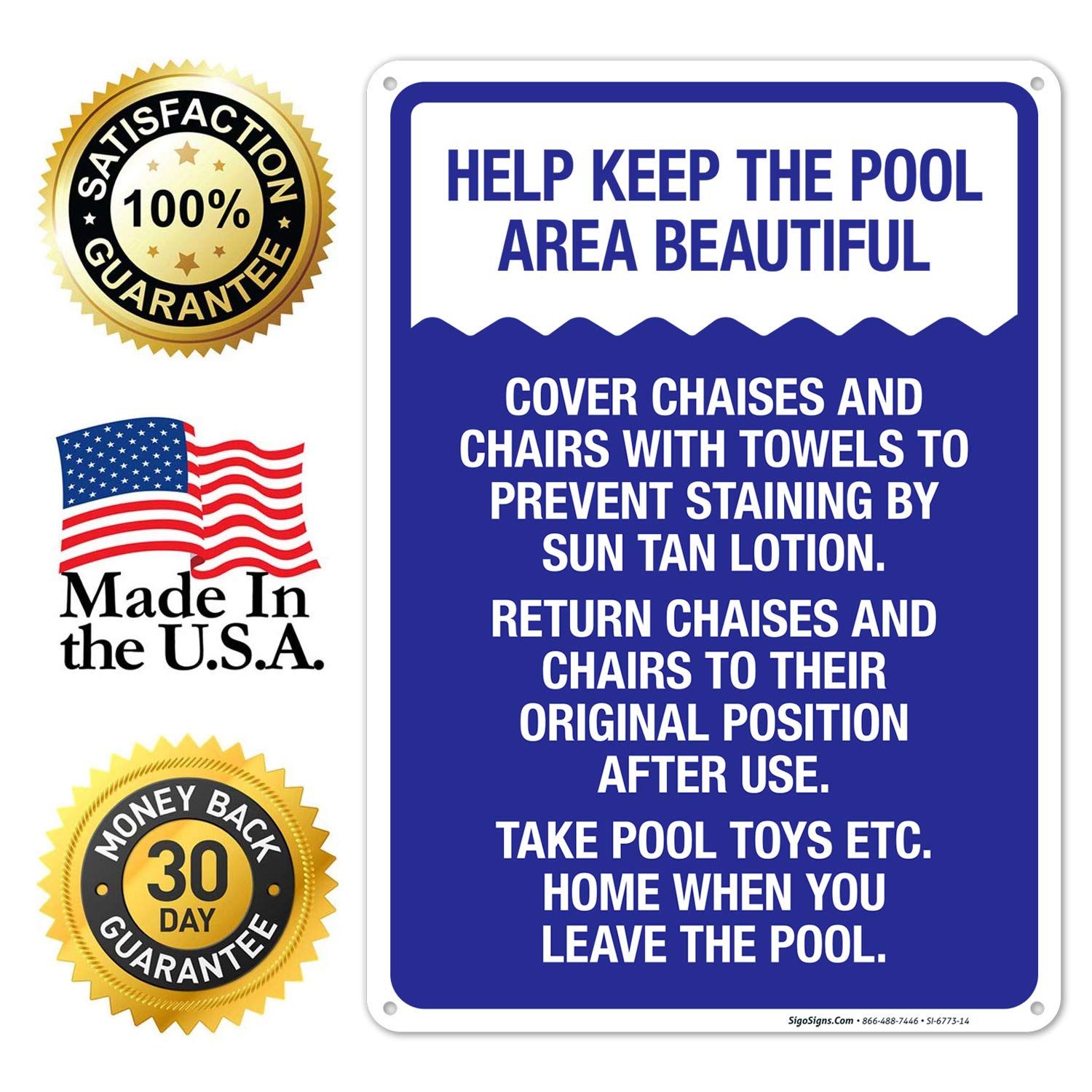 Pool Rules Sign - Sigo 10x14 Inch Keep The Pool Area Beautiful Sign, 55 Mil Thick HDPS Plastic, Made in USA - Perfect for Community Pools, Hotels & Backyard Swimming Areas