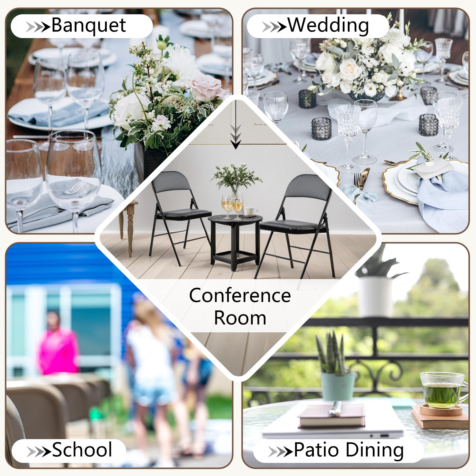 DUMOS 4 Pack Black Leather Padded Folding Chairs - Heavy Duty Steel Frame, Stackable & Portable for Indoor Outdoor Use - Perfect for Home, Office, Parties, Weddings & Events - Comfortable Commercial Seating Solution