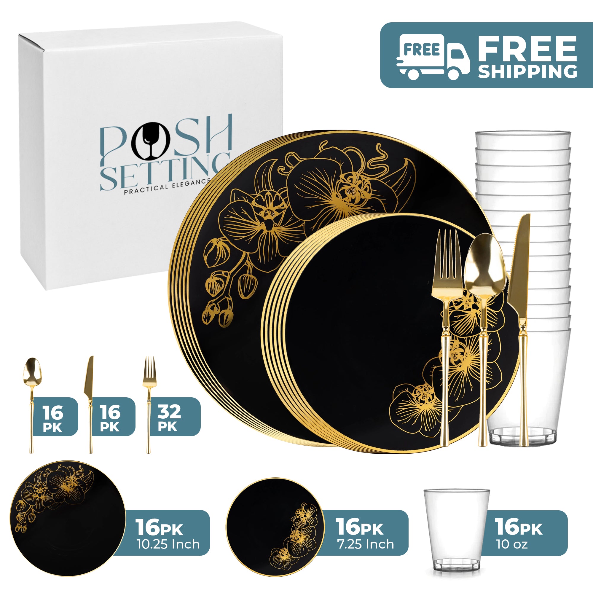 Black and Gold Plastic Party Bundle - Elegant Orchid Decor for Weddings, Birthdays & Special Events | Premium Party Supplies
