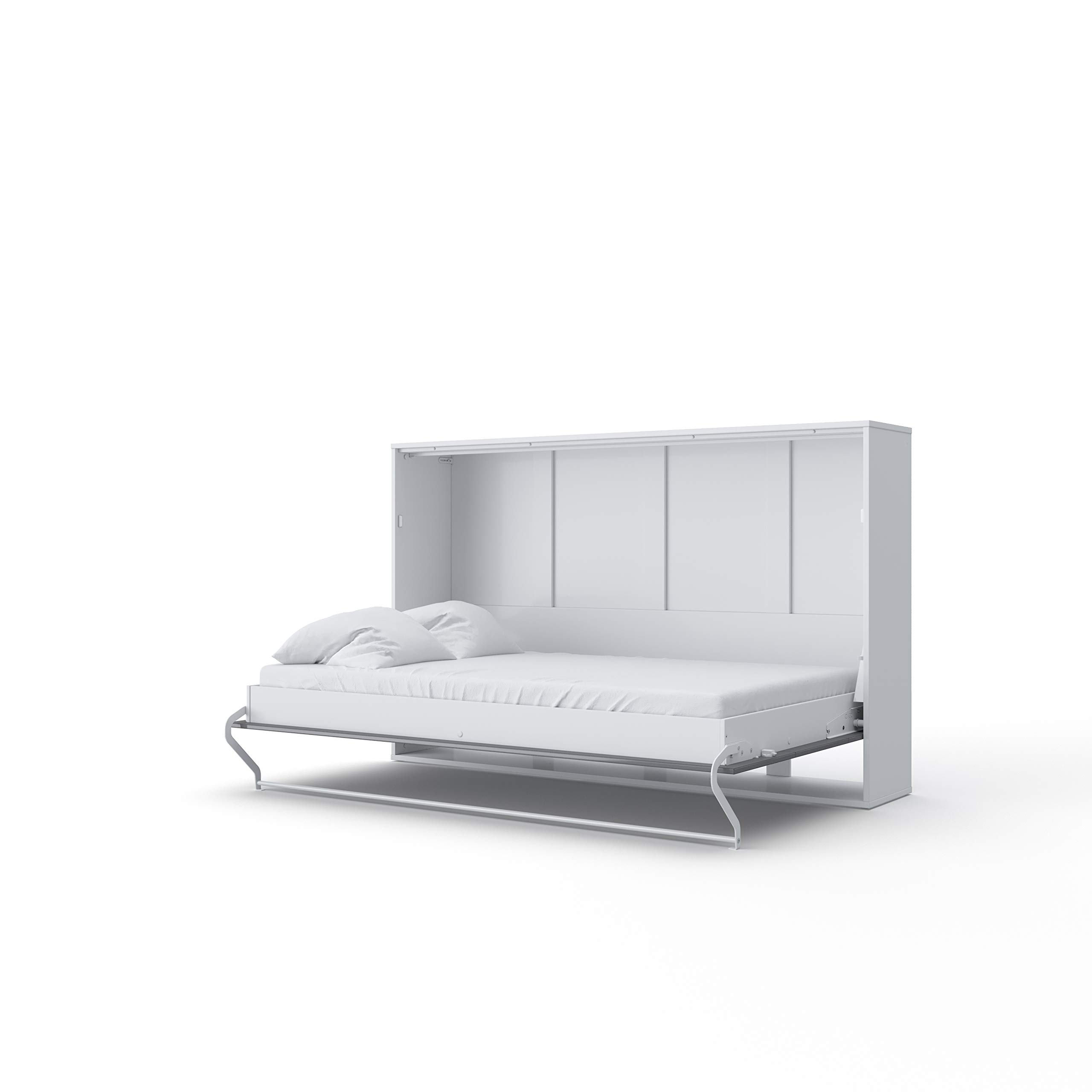 Horizontal Wall Bed with Full Size Mattress & Top Cabinet - White/Grey | Space-Saving Murphy Bed for Small Apartments, Guest Rooms & Home Offices