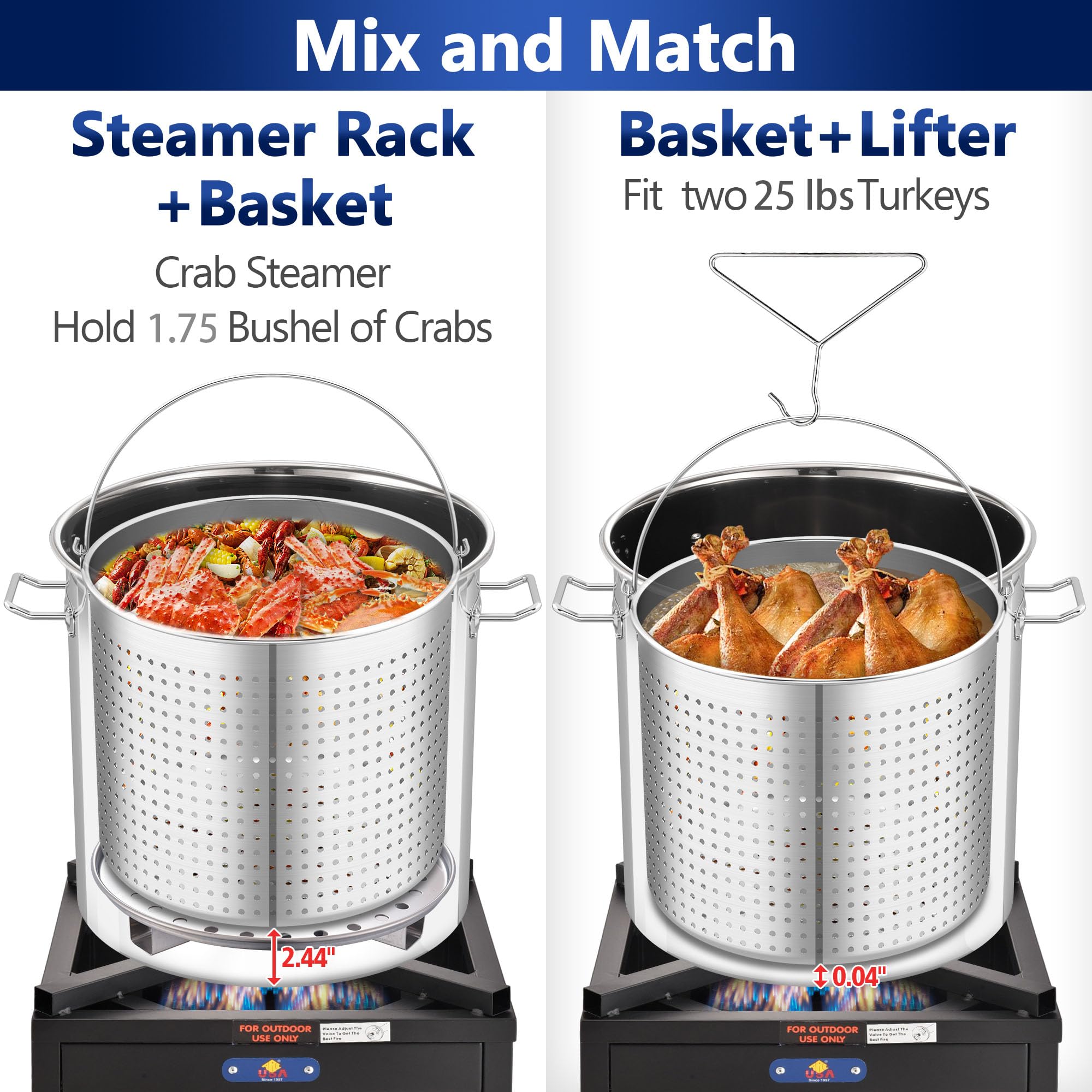 64-QT Stainless Steel Stockpot with Basket & Steamer Rack - Large Seafood Boiler for Crawfish, Crab, Lobster, Shrimp | Outdoor Cooking Pot for Turkey Fryer, Tamales Steamer & Boiling | Perfect for Backyard BBQs, Camping & Large Gatherings (16 Gallon)