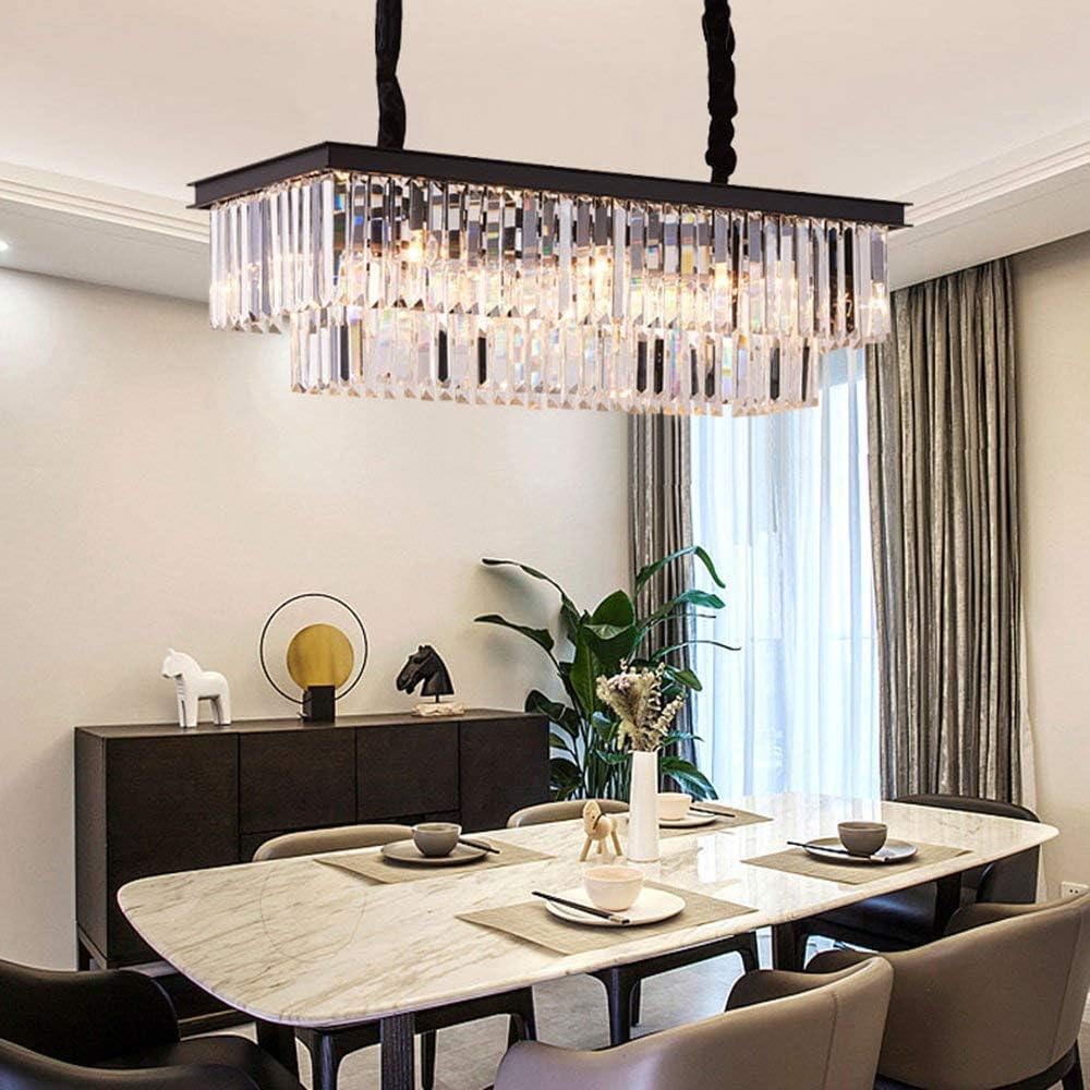 Modern 8-Light Crystal Chandelier Pendant Light Fixture - Rectangular Chrome Ceiling Lamp for Dining Room & Kitchen (33.5 Inch) - Elegant Lighting for Home Decor, Dinner Parties & Special Occasions