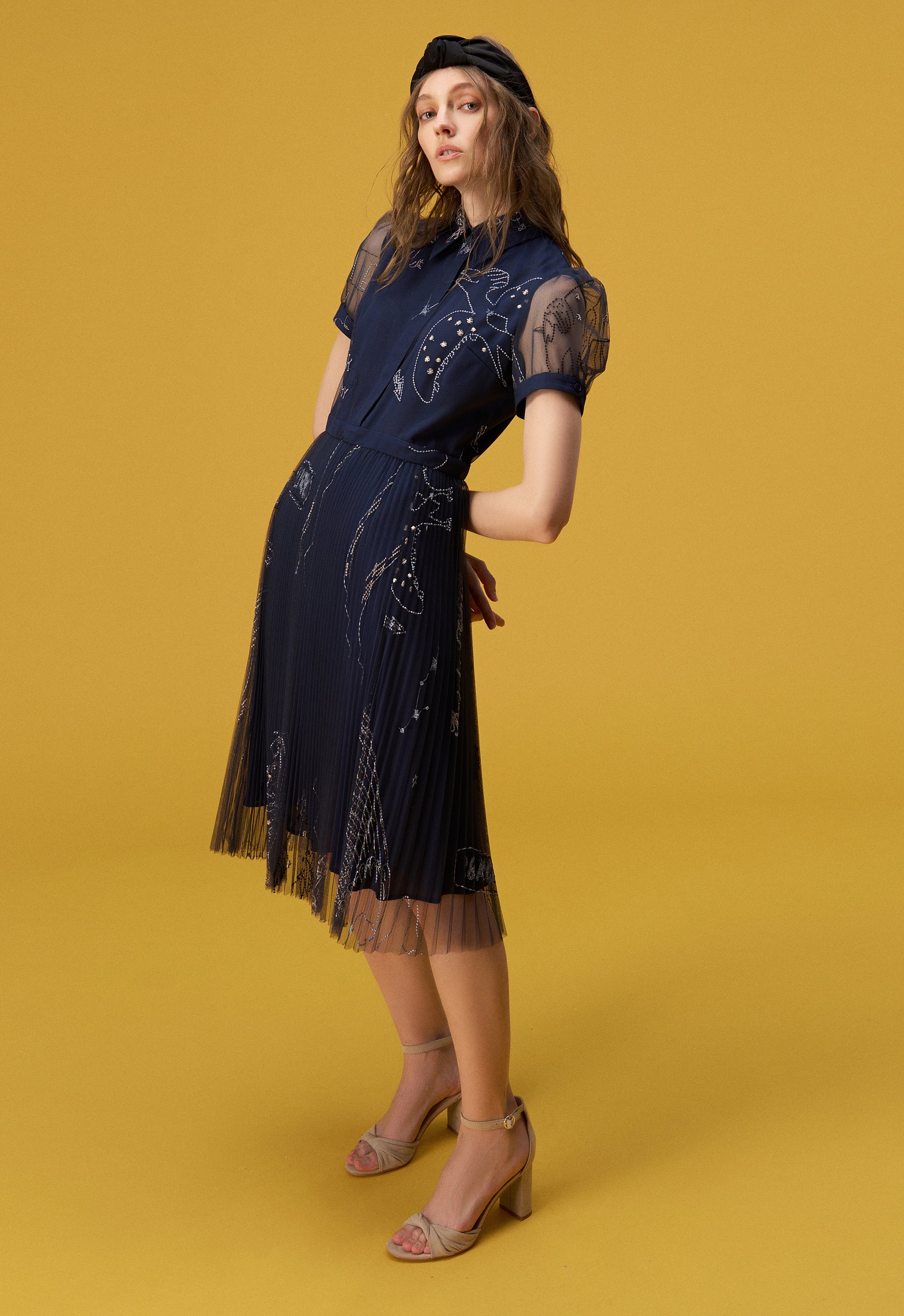 Elegant Dark Blue Embroidered Organza Layered Cocktail Dress for Women | Formal Evening Gown for Parties, Weddings & Special Occasions