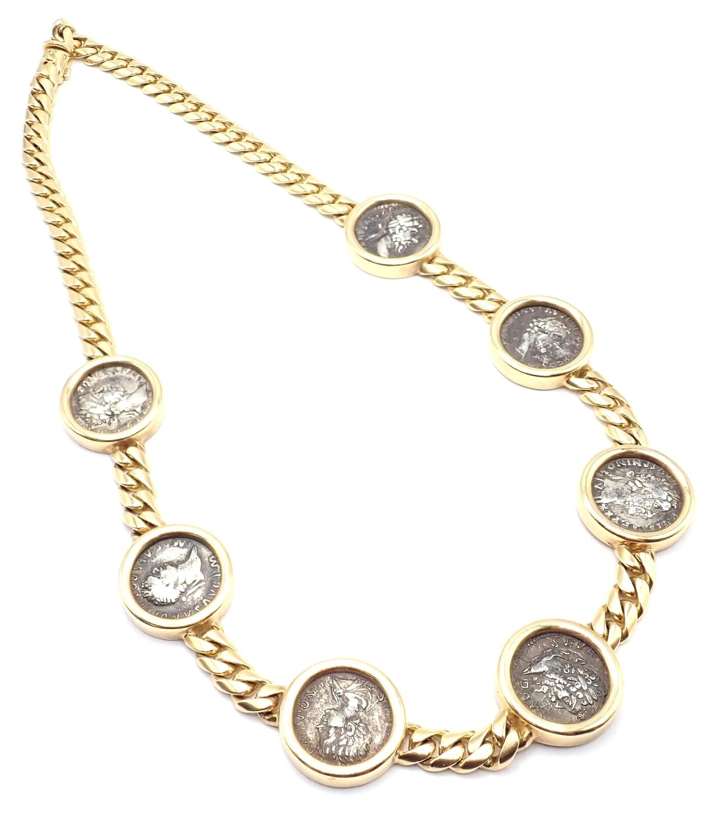 Vintage Bvlgari Bulgari 18k Yellow Gold 7 Antique Coin Monete Link Necklace - Luxury Italian Jewelry for Women, Perfect for Parties & Special Occasions