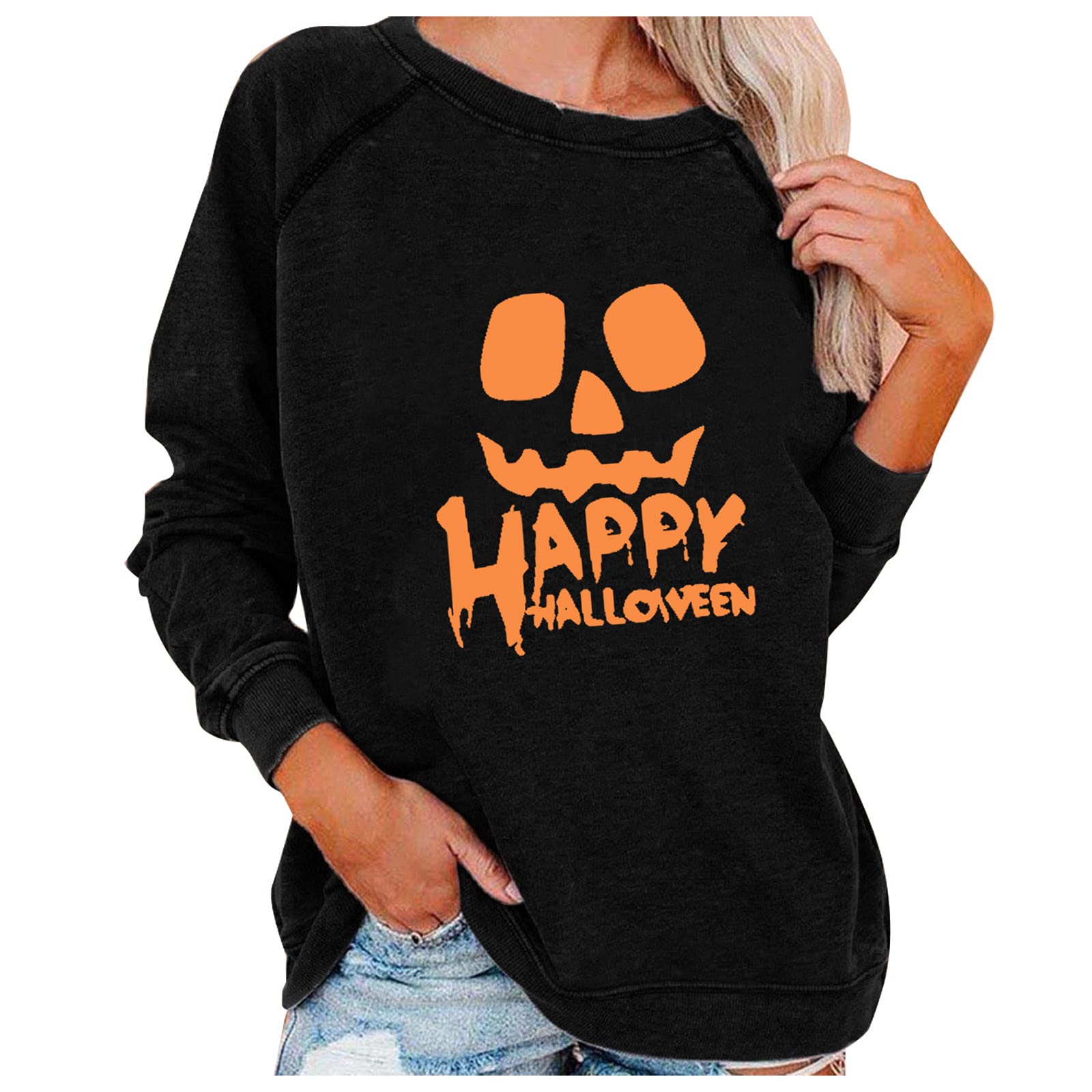 Women's Halloween Pumpkin Print Long Sleeve Sweatshirt - Lightweight Casual Pullover Top for Fall & Spooky Season Outfits | Perfect for Pumpkin Patch Visits, Halloween Parties and Cozy Autumn Days