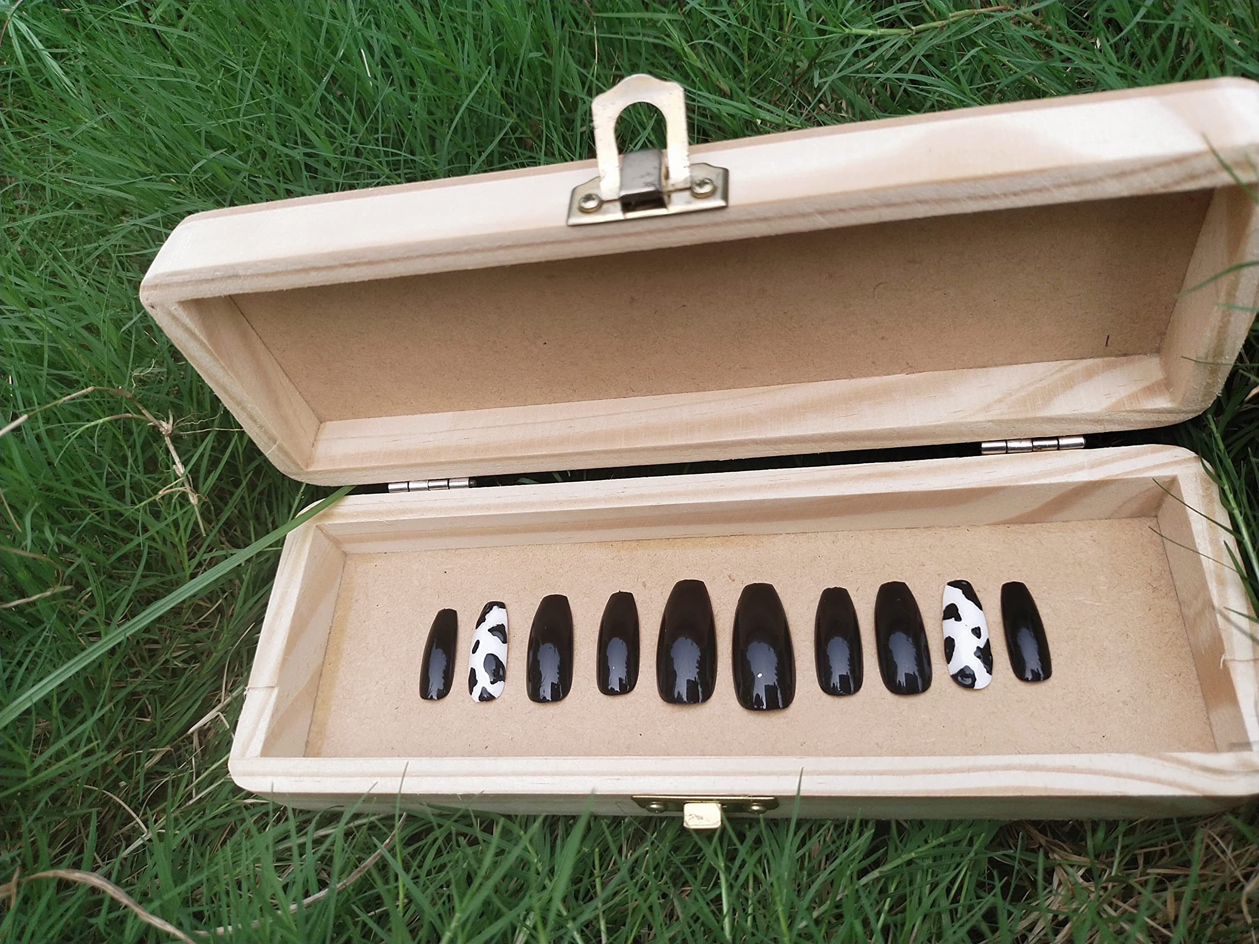 Reusable Handmade Artificial Nails - 10 Piece Black Cow Print Fake Nails Set (Small Size) | Perfect for Parties, Halloween, Cosplay & Everyday Fashion