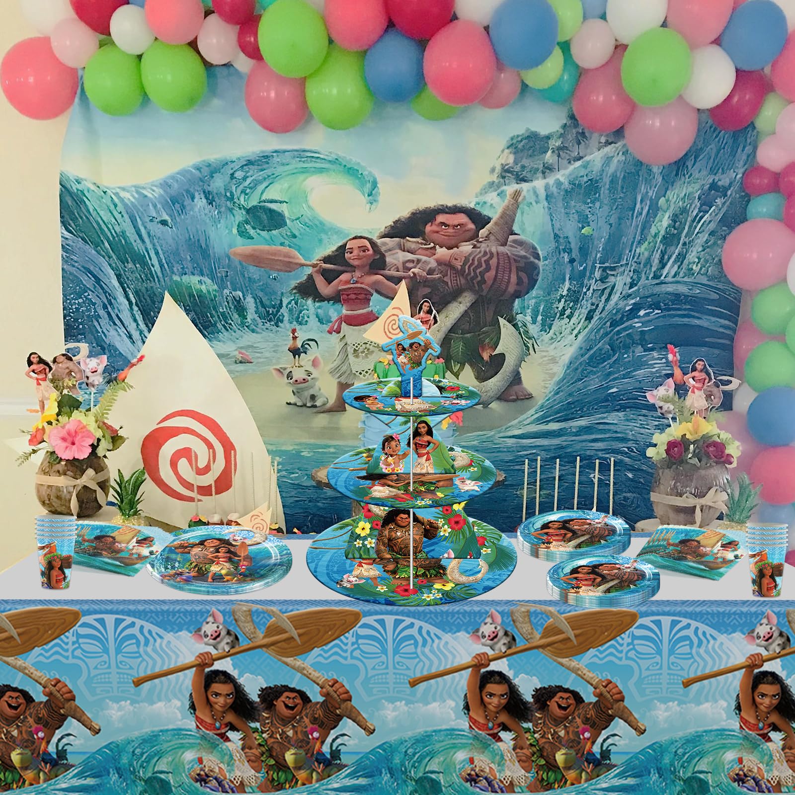 3 Tier Moana Themed Birthday Cupcake Stand - Sturdy Paper Party Decor for Boys & Girls Birthday, Baby Shower & Wedding Celebrations - Perfect for Dessert Displays & Party Centerpieces