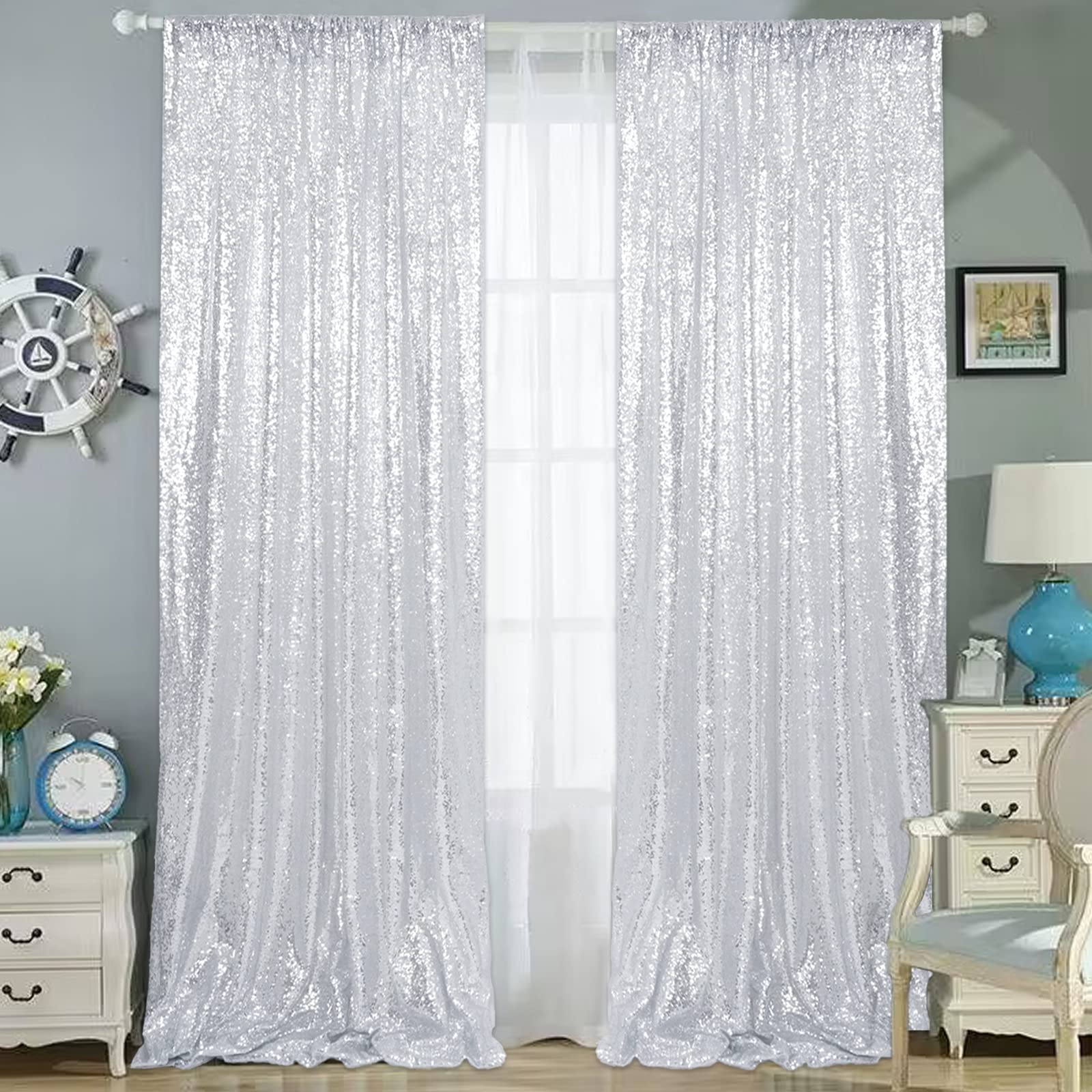 Trlyc 2X8FT Christmas Silver Sequin Curtain - Sparkling Sequin Party Backdrop for Weddings, Holidays & Home Decor | Perfect for Christmas, New Year, Birthday Parties & Photo Booths