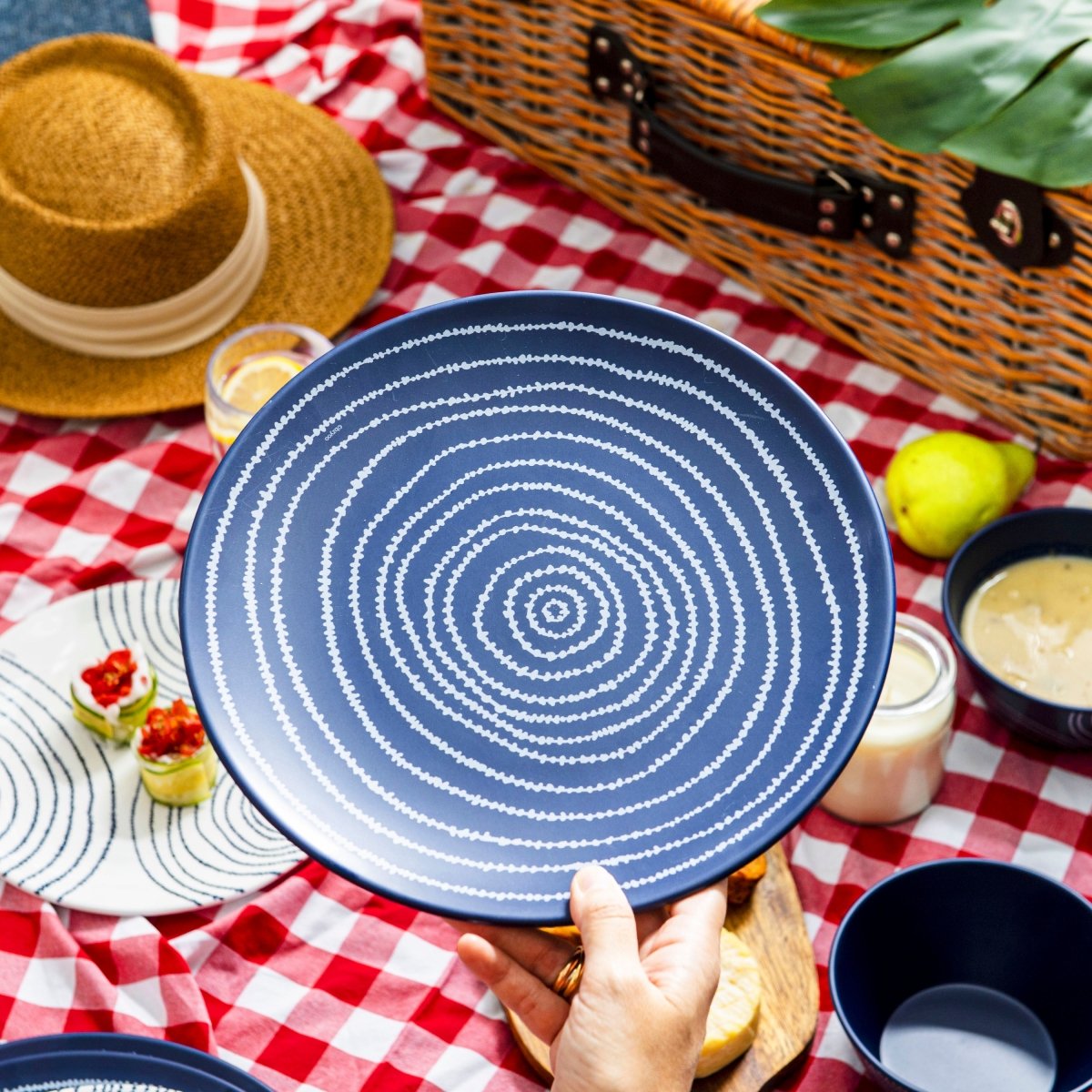 12-Piece Planet Melamine Dinnerware Set - French Navy Blue Plates & Bowls for Outdoor Picnics, Camping, and Durable Everyday Use