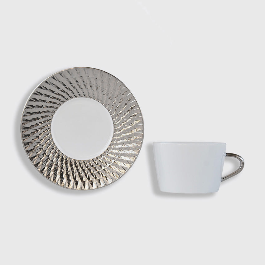 Bernardaud Twist Platinum Tea Cup and Saucer Set - Elegant Porcelain Tea Cups for Afternoon Tea, Bridal Shower & Luxury Gifts - Fine Bone China with Platinum Accents