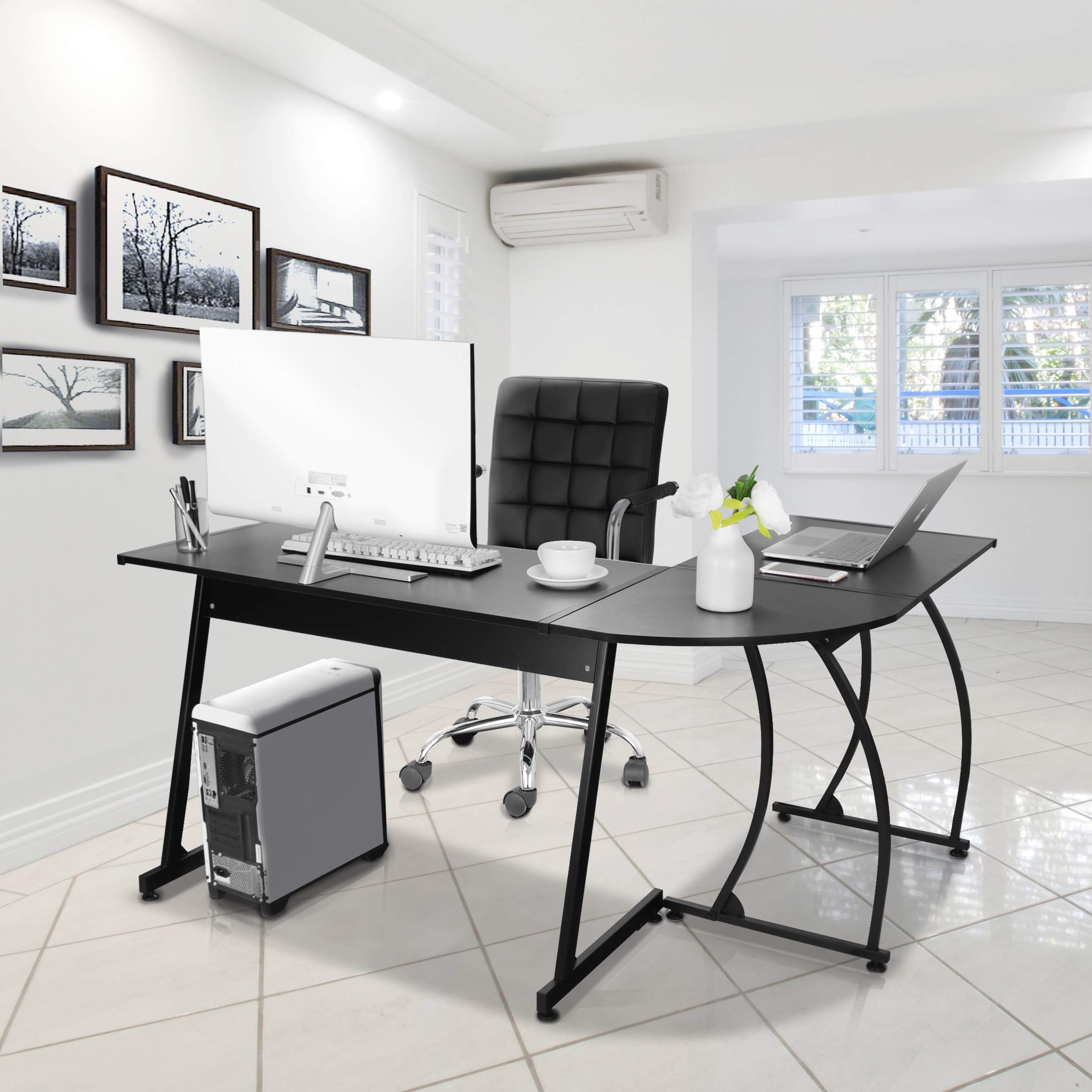 Modern L-Shaped Home Office Desk with Round Corner - Sturdy Steel Frame Computer Desk for Gaming, Writing & Workstation - Perfect for Small Spaces & Home Offices (Black)