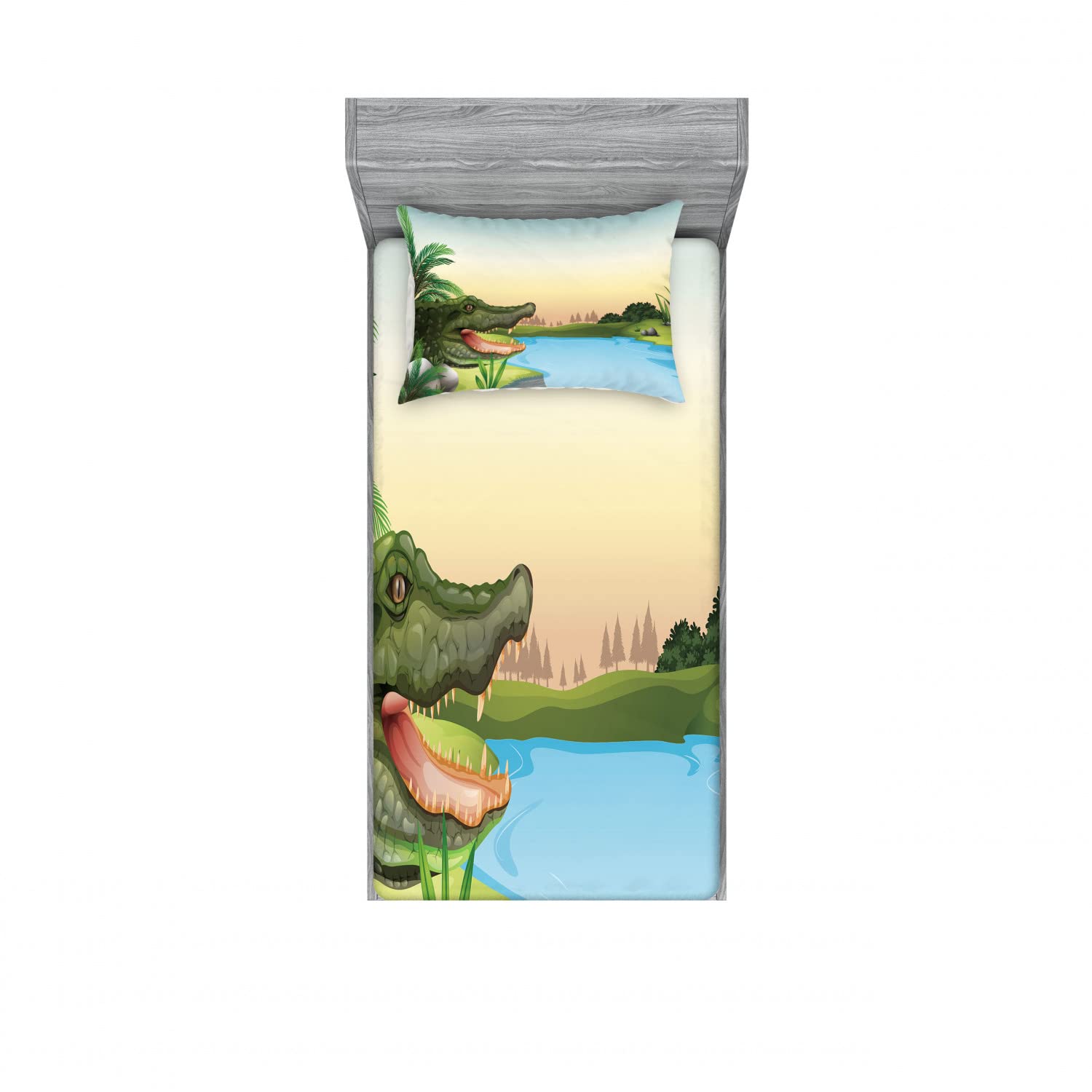 Ambesonne Reptile 2-Pack Twin Fitted Sheet & Pillow Sham Set - Tropical Crocodile & Palm Tree Design, 4-Piece Bedding Ensemble (2 Fitted Sheets + 2 Pillow Covers) in Vibrant Green & Blue - Perfect for Kids' Rooms, Jungle Themed Decor & Reptile Lovers