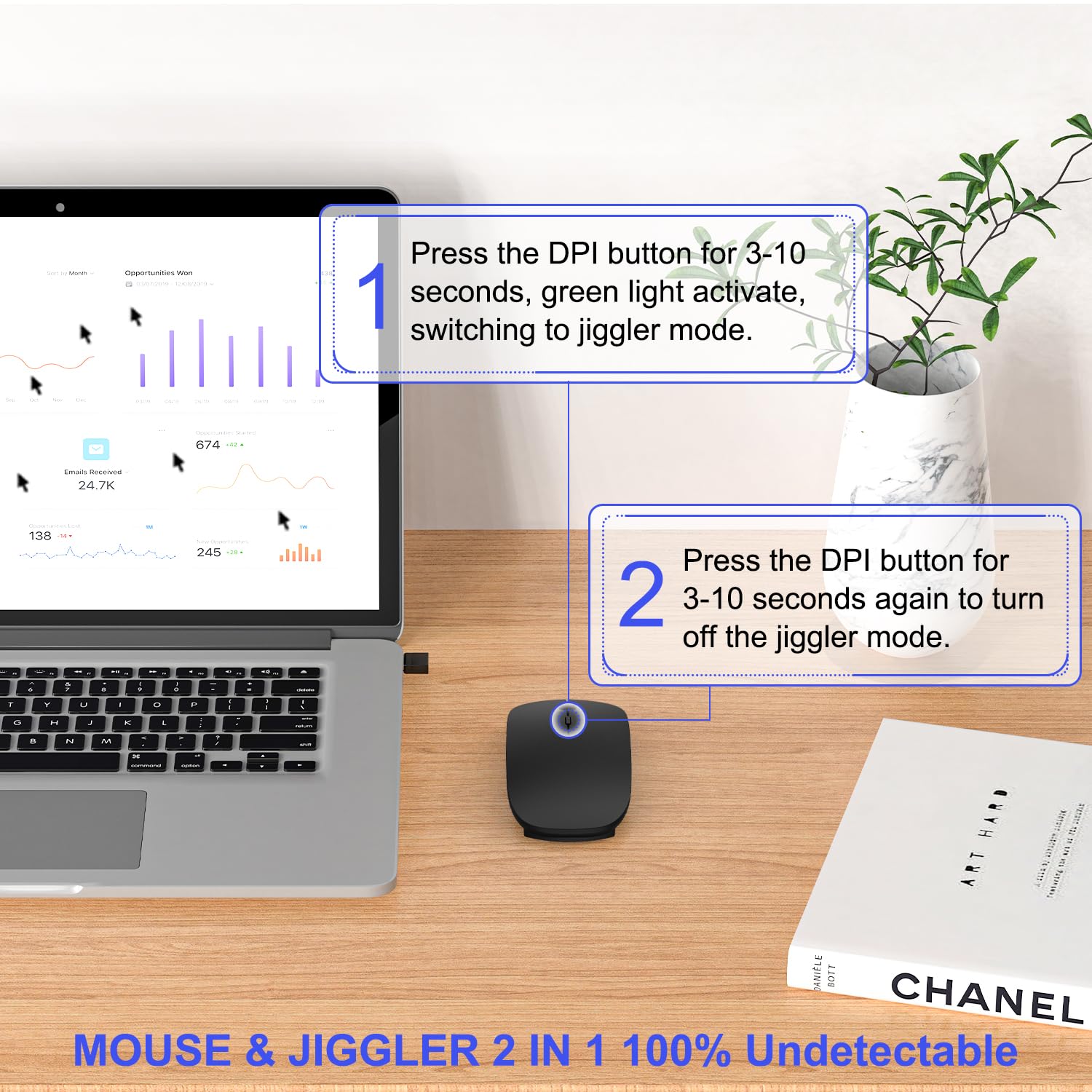 Undetectable Bluetooth Wireless Mouse Jiggler - Rechargeable Silent Mouse with Built-in Mover for MacBook, iPad, PC | Slim Design for Office, Remote Work & Online Meetings (Black)