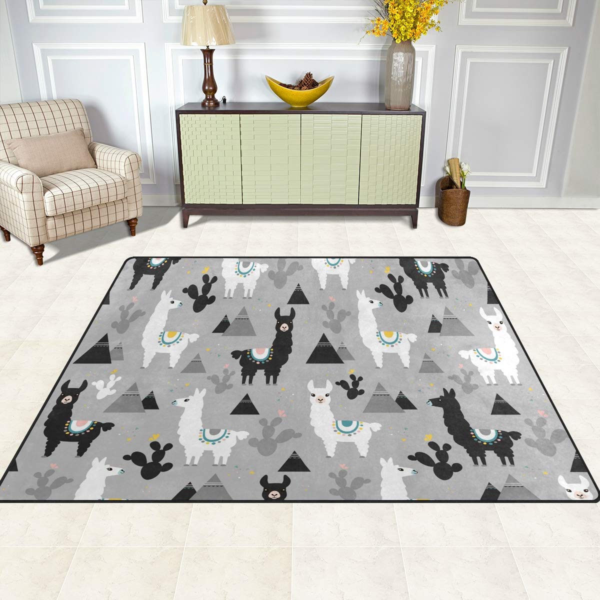 Modern Non-Slip Area Rug with Cute Alpaca Pattern - 4' x 5' (48x63 Inch) Soft Floor Mat for Living Room, Bedroom & Entryway - Perfect for Kids Room, Nursery or Cozy Home Decor