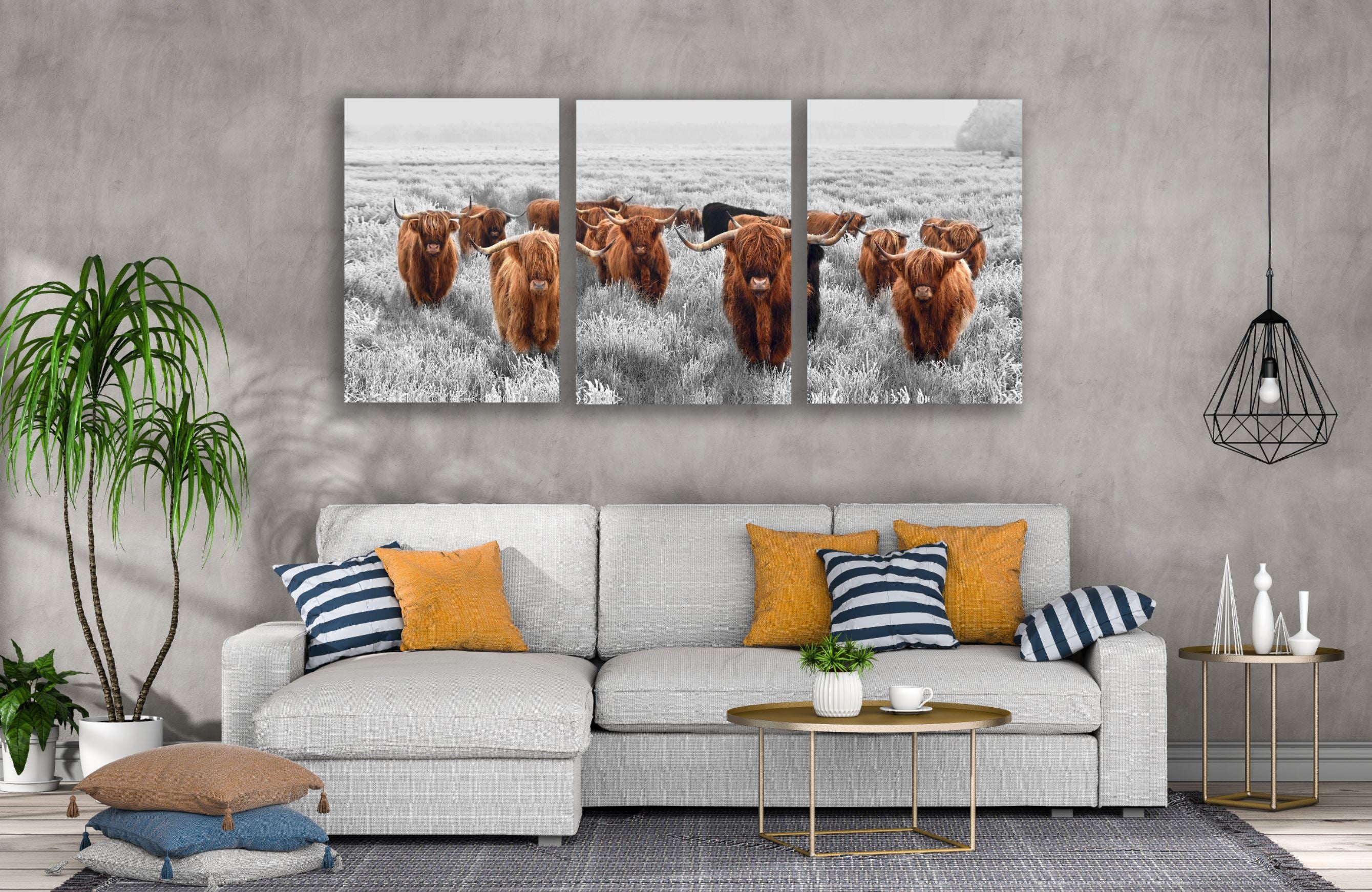 3-Piece Highland Cow Herd Meadow Landscape Canvas Wall Art - Premium Australian Made Framed Prints for Living Room & Office Decor (Ready to Hang)