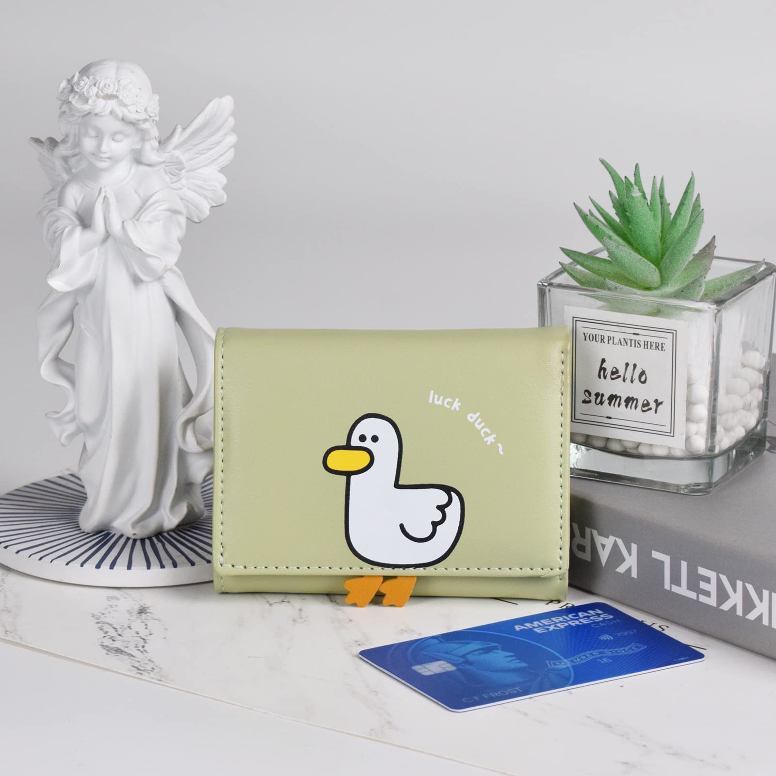Cute Duck Print Tri-Fold Wallet for Women - Compact Leather Purse with ID Window, Cash Pocket & Card Slots - Perfect for Everyday Use, Travel, and Gifts (Green)
