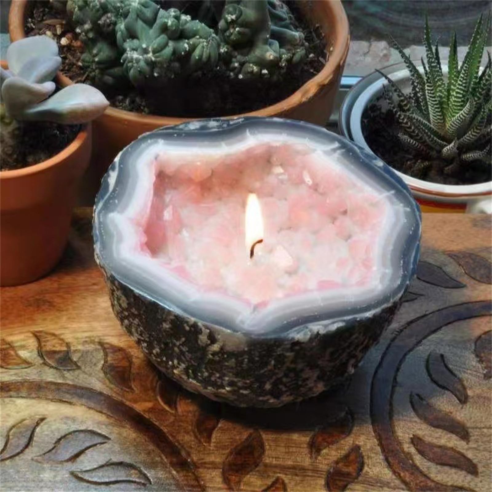 Natural Yellow Crystal Geode Candle Holder - Unique Home Decor for Living Room, Bedroom & Office - Aromatherapy Gift Idea for Women & Men