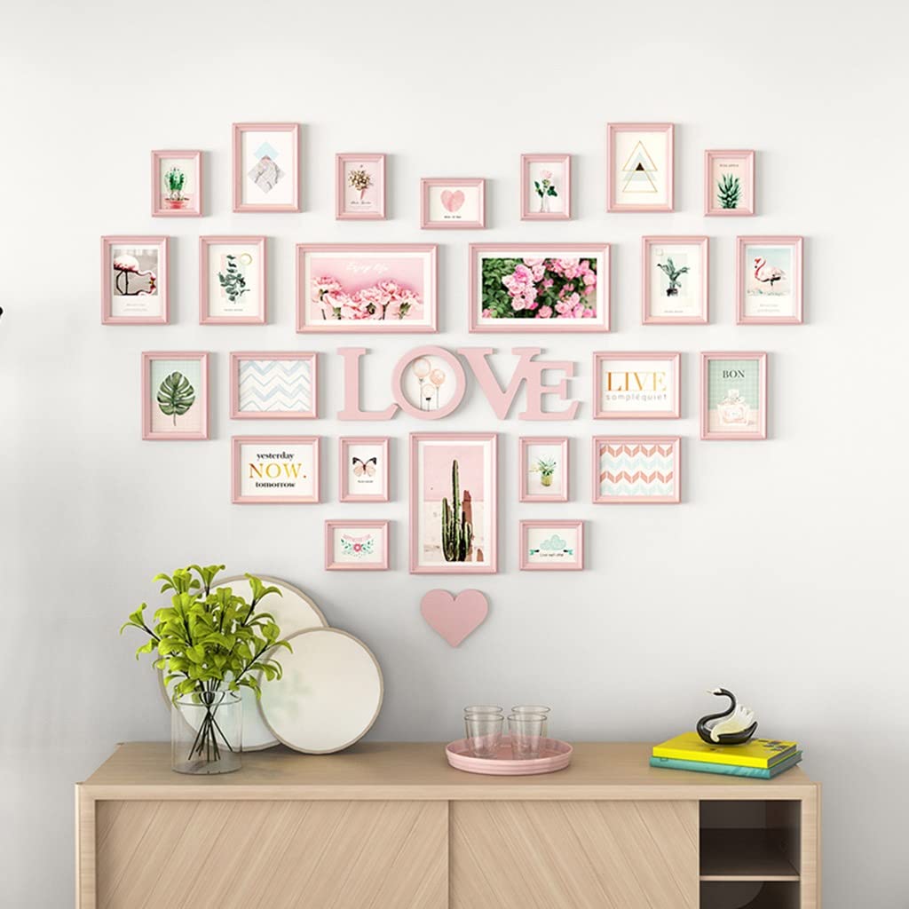 LIUOZ 24-Piece Wall Collage Photo Frame Set - Brown Square Picture Frames with Hanging Template for Family Photos | Pink Color | Perfect for Living Room, Bedroom Decor & Gift Giving