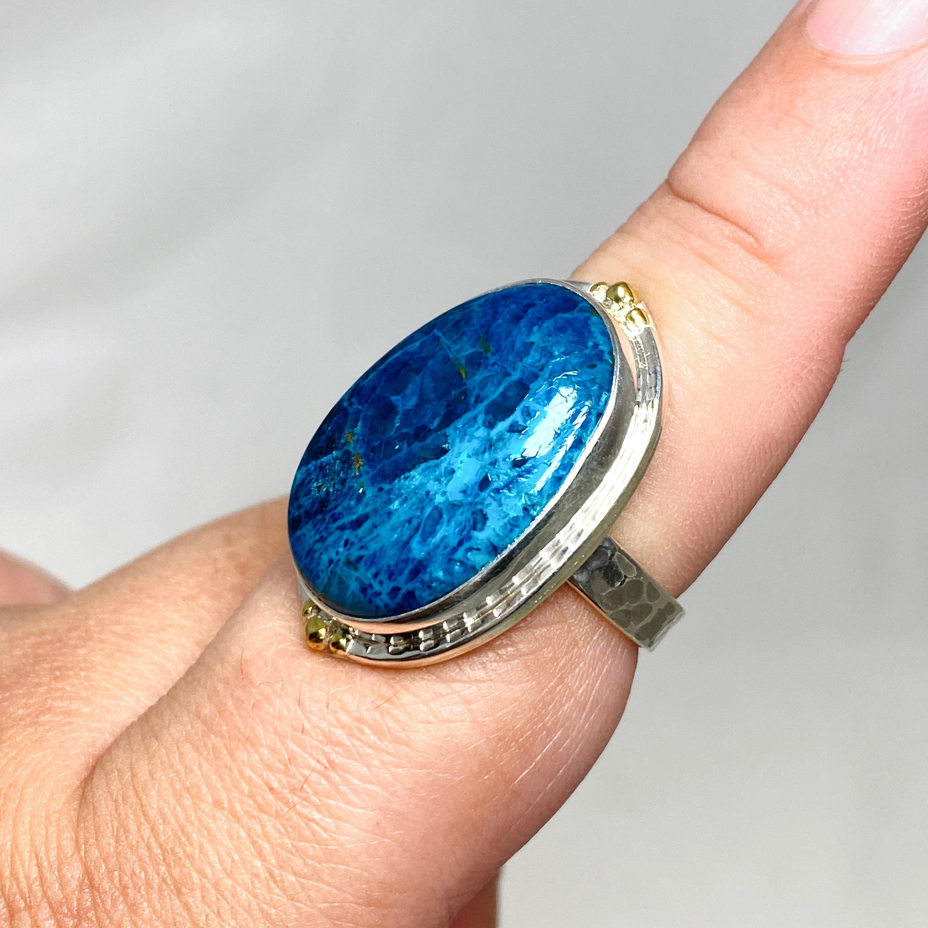 Shattuckite Oval Ring with Brass Accents - Size 9 Blue Gemstone Jewelry KRGJ3227 | Healing Crystal Ring for Meditation & Spiritual Energy
