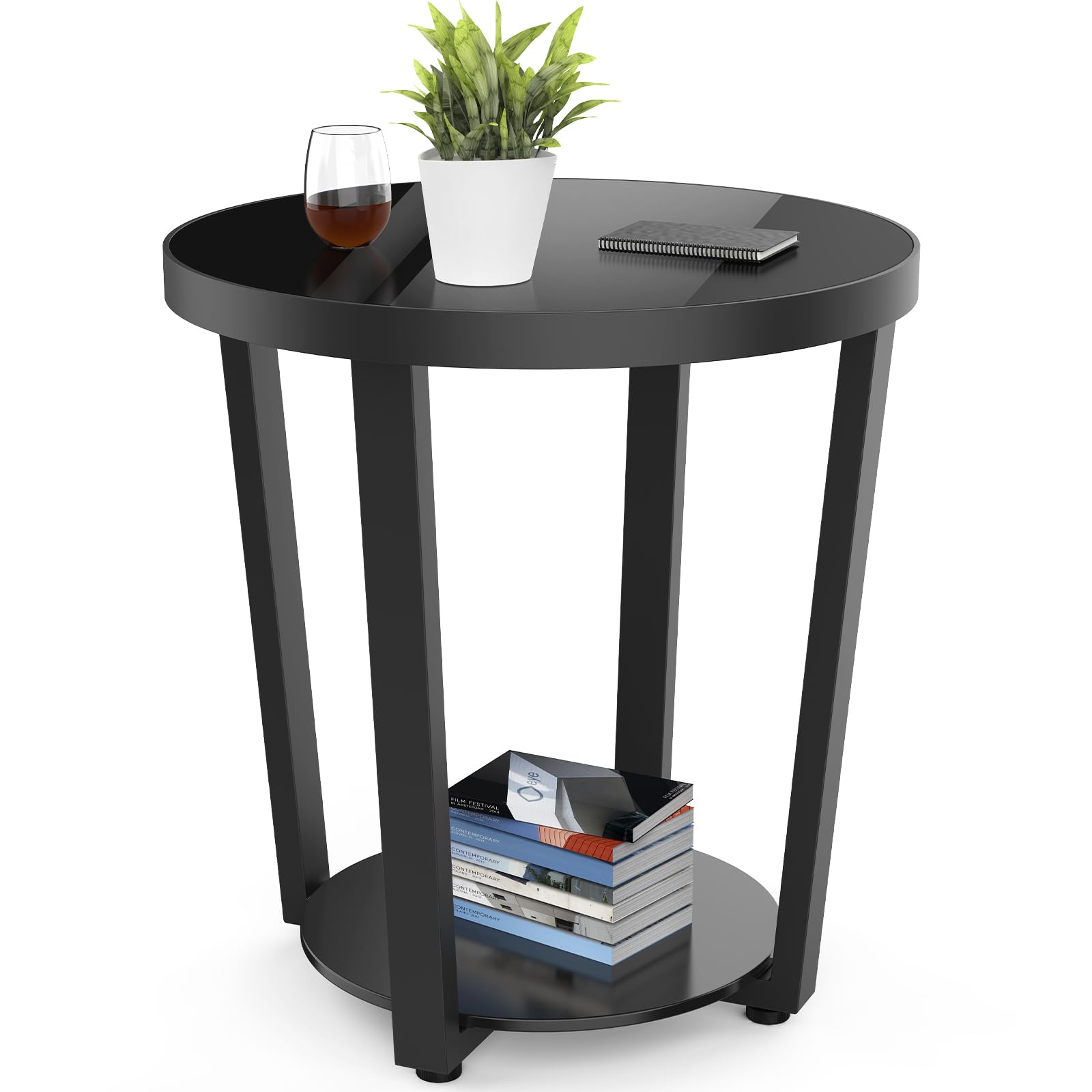 Round End Table with Tempered Glass Top & Metal Frame - Modern Small Coffee Table & Black Sofa Side Table for Living Room, Bedroom, Balcony & Office - Perfect for Drinks, Books & Decor