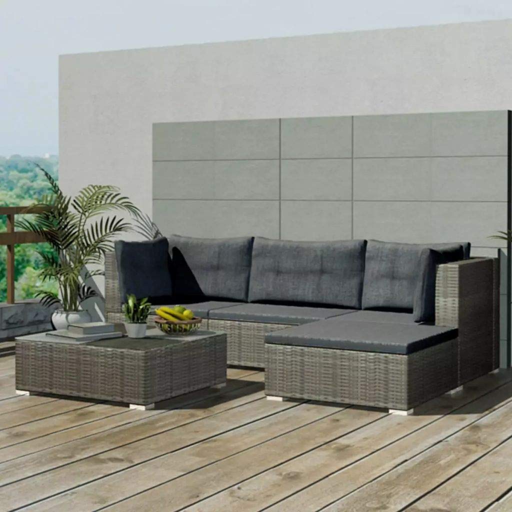 Beyamis 5-Piece Outdoor Patio Furniture Set - Gray Poly Rattan Wicker Sofa with Cushions for Garden, Backyard, Poolside & Balcony Relaxation