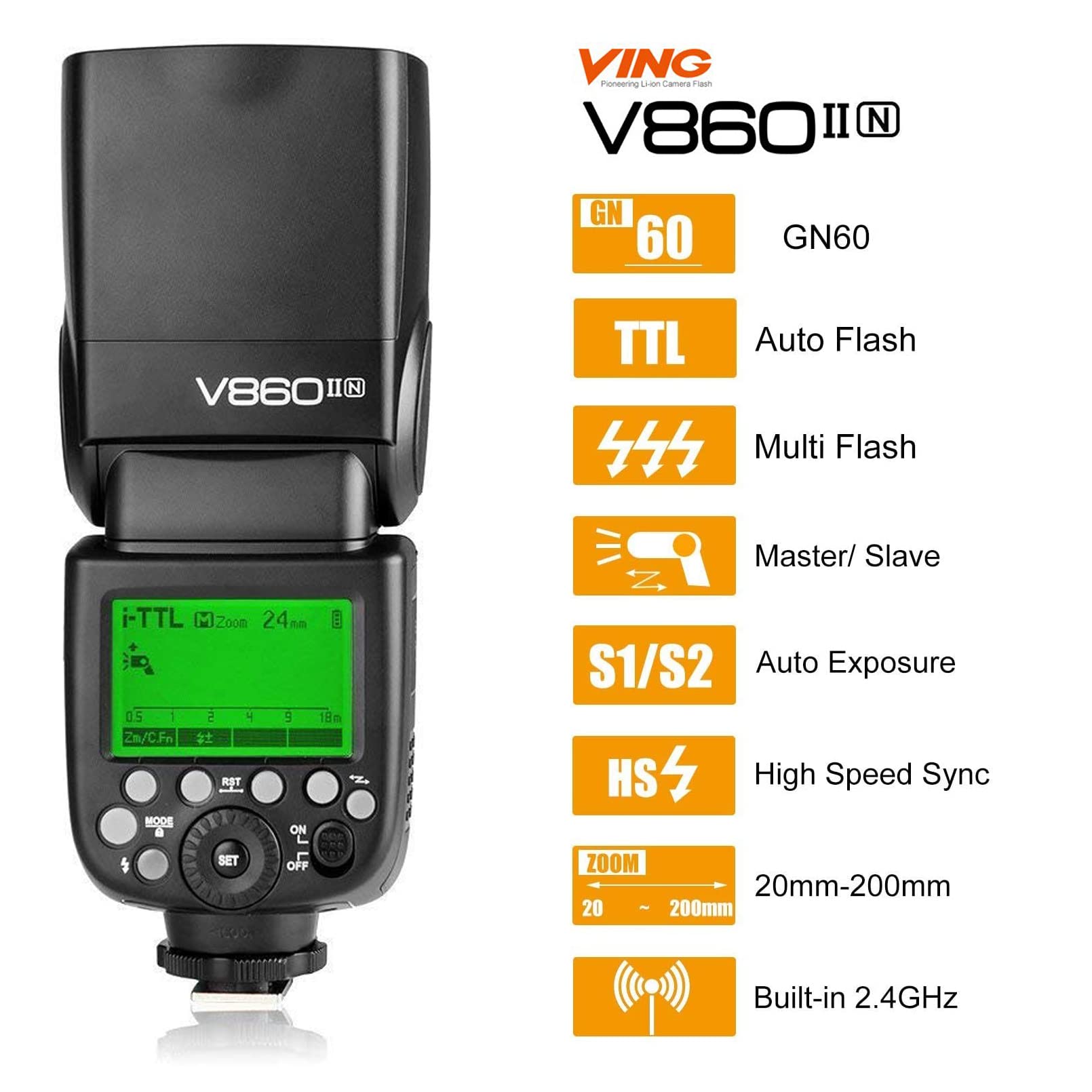 Godox V860II-N TTL Flash for Nikon DSLR Cameras - 2.4G Wireless GN60 Speedlite with 1/8000s HSS, Rechargeable Li-ion Battery (650 Full Power Flashes) - Perfect for Wedding, Portrait & Event Photography