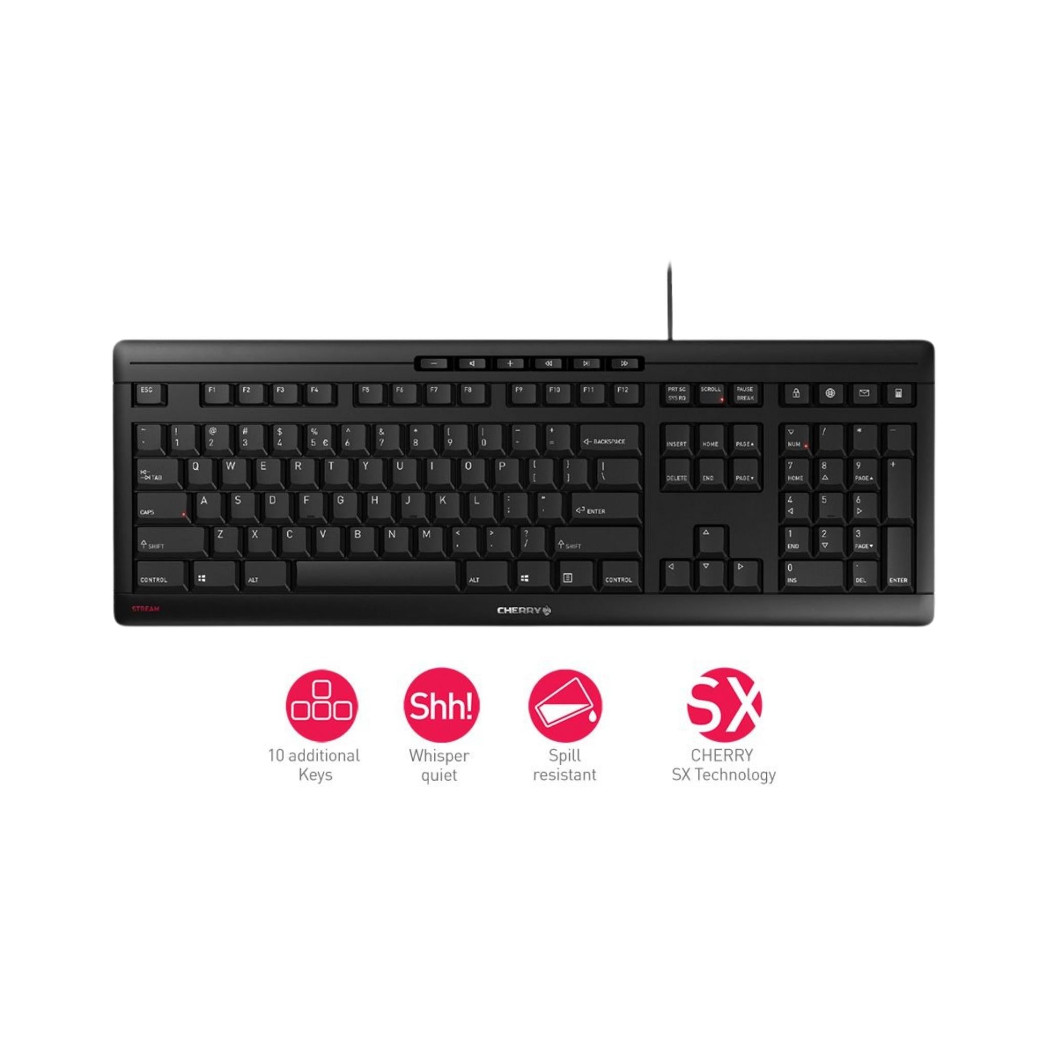 Cherry STREAM Keyboard - Ergonomic Wired USB Keyboard for Office & Gaming | Comfort Typing, Spill-Resistant Design | Perfect for Home, Work & PC Gaming Setup