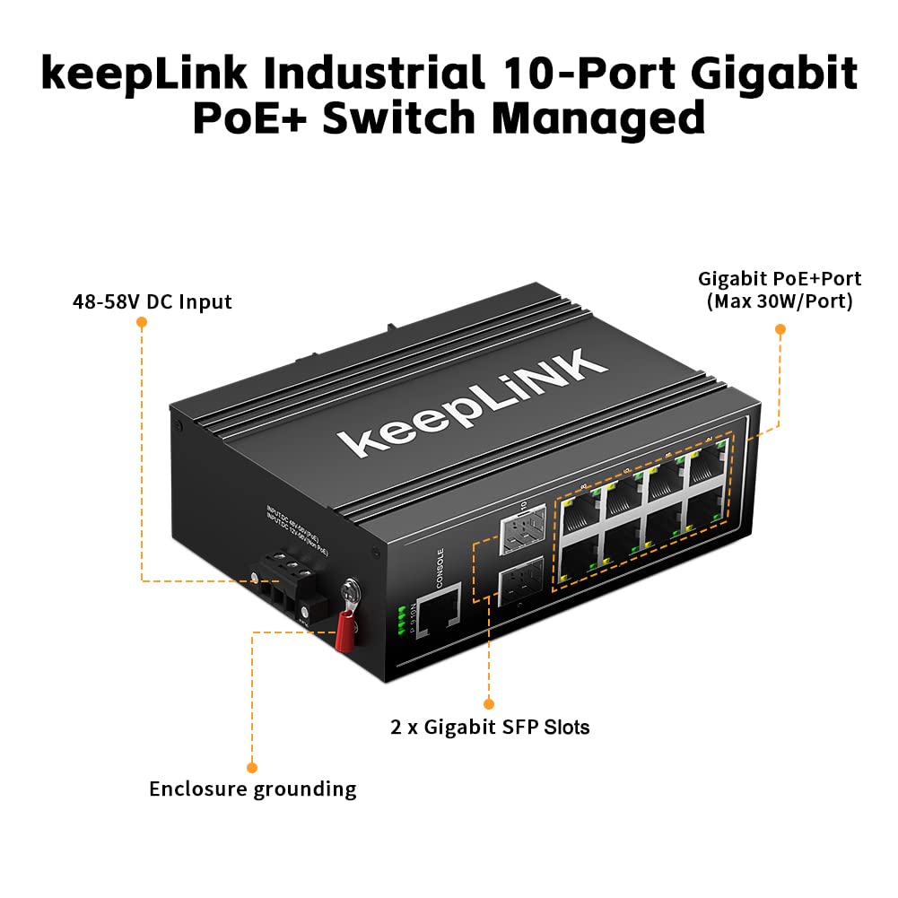 10-Port Industrial Gigabit PoE Switch | 8 PoE+ Ports @130W | 2 SFP Slots | DIN Rail Mount | IP40 Rated | -30°C to 75°C Operation | Lifetime Warranty | Ideal for Factory Automation, Security Camera Systems & Harsh Environments