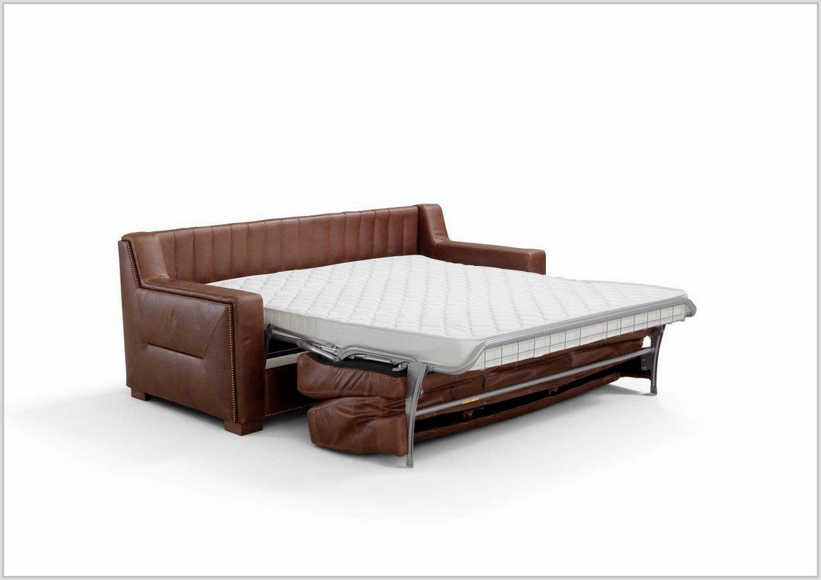 Kathy Ireland Alaves 3-Seater Brown Genuine Leather Queen Size Sleeper Sofa Bed - Convertible Couch for Living Room, Guest Room & Small Spaces