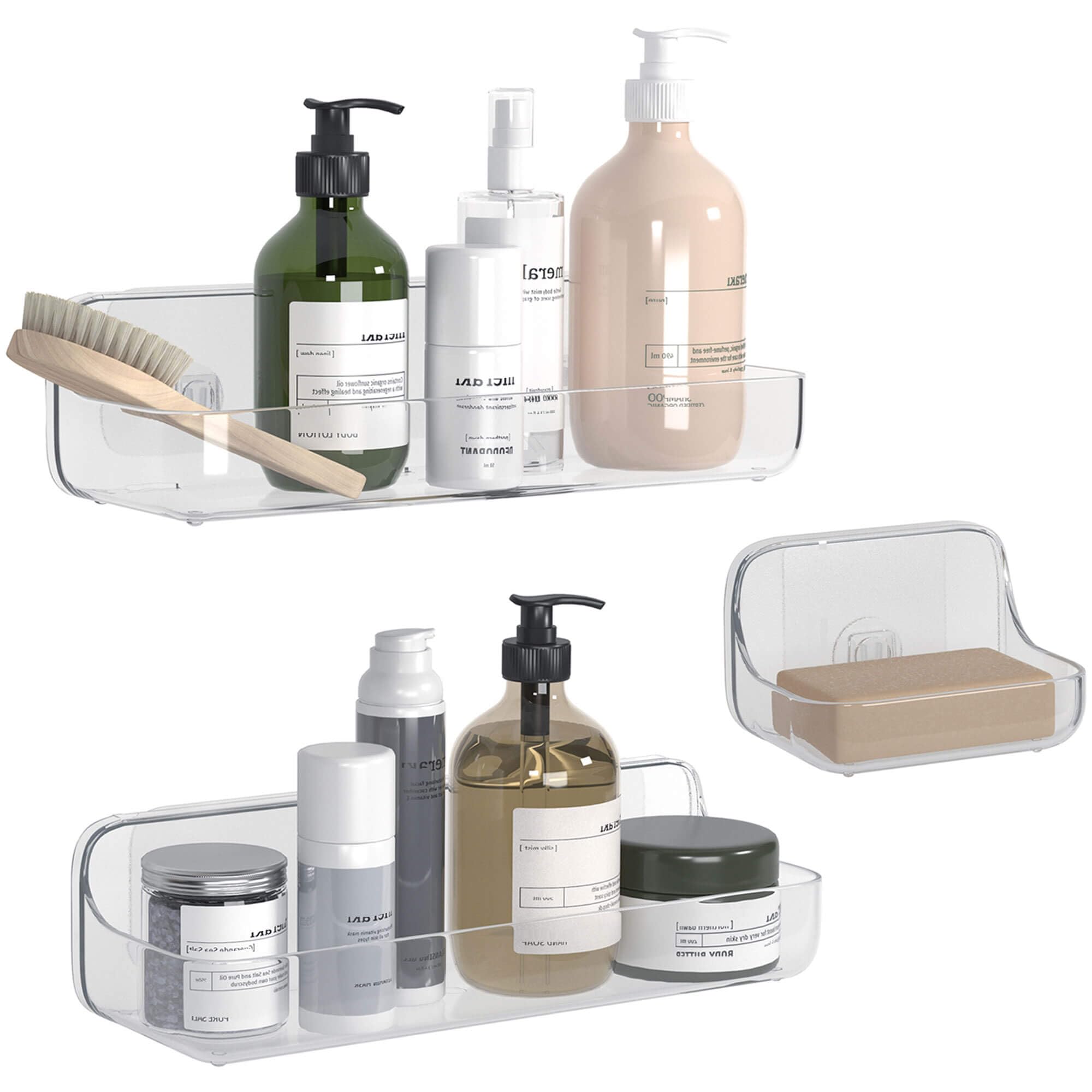 TZAMLI Adhesive Shower Caddy with Soap Dish - 3 Pack Clear Plastic Wall Mounted Bathroom Organizer Shelf for Shampoo, Conditioner & Soap Storage - Perfect for Small Bathrooms, Apartments & Dorm Showers