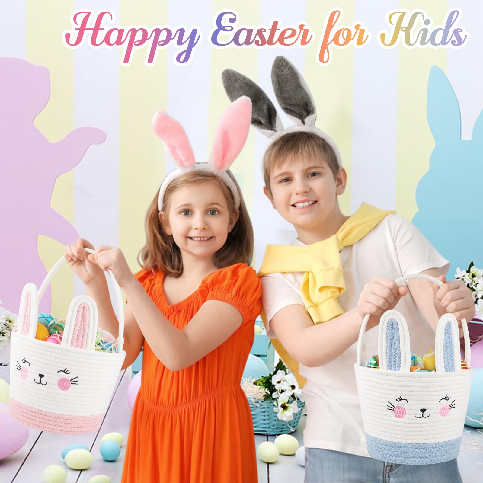 Personalized Easter Basket for Toddlers - 2 Pack Woven Baby Easter Gift Baskets with Handles, Empty Bunny Egg Storage for Girls & Boys (Pink & Blue) - Perfect for Easter Egg Hunts, Party Favors, and Spring Decorations