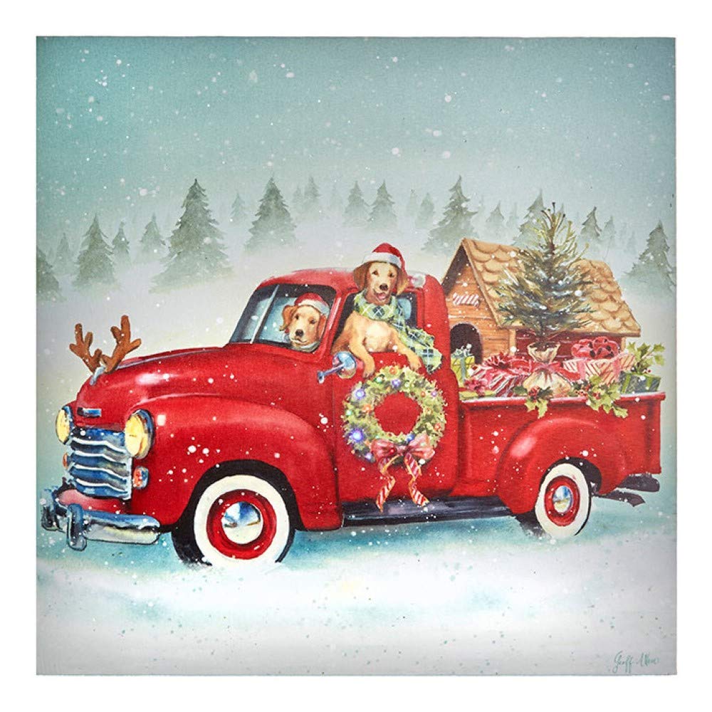 RAZ Imports Winter Red Truck with Dogs Lighted Canvas Print - 17.75 Inch Holiday Decor with Timer - Perfect for Christmas Fireplace Mantel, Porch, and Living Room Decorations