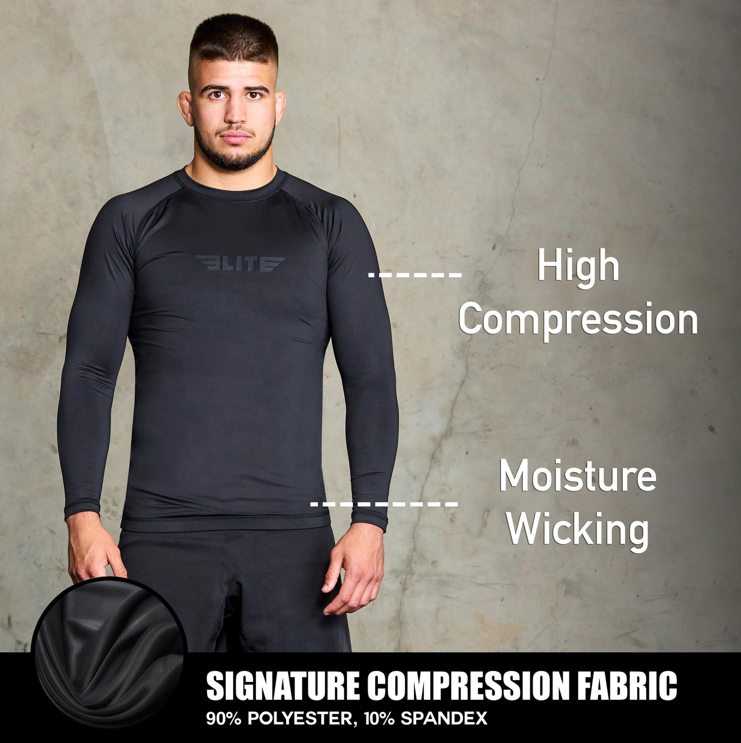 Elite Sports Men's Jiu Jitsu BJJ Rash Guard - Long Sleeve Compression Shirt for MMA, No-Gi Training & Brazilian Jiu-Jitsu - Moisture Wicking & Quick Dry Fabric for Combat Sports & Fitness Workouts