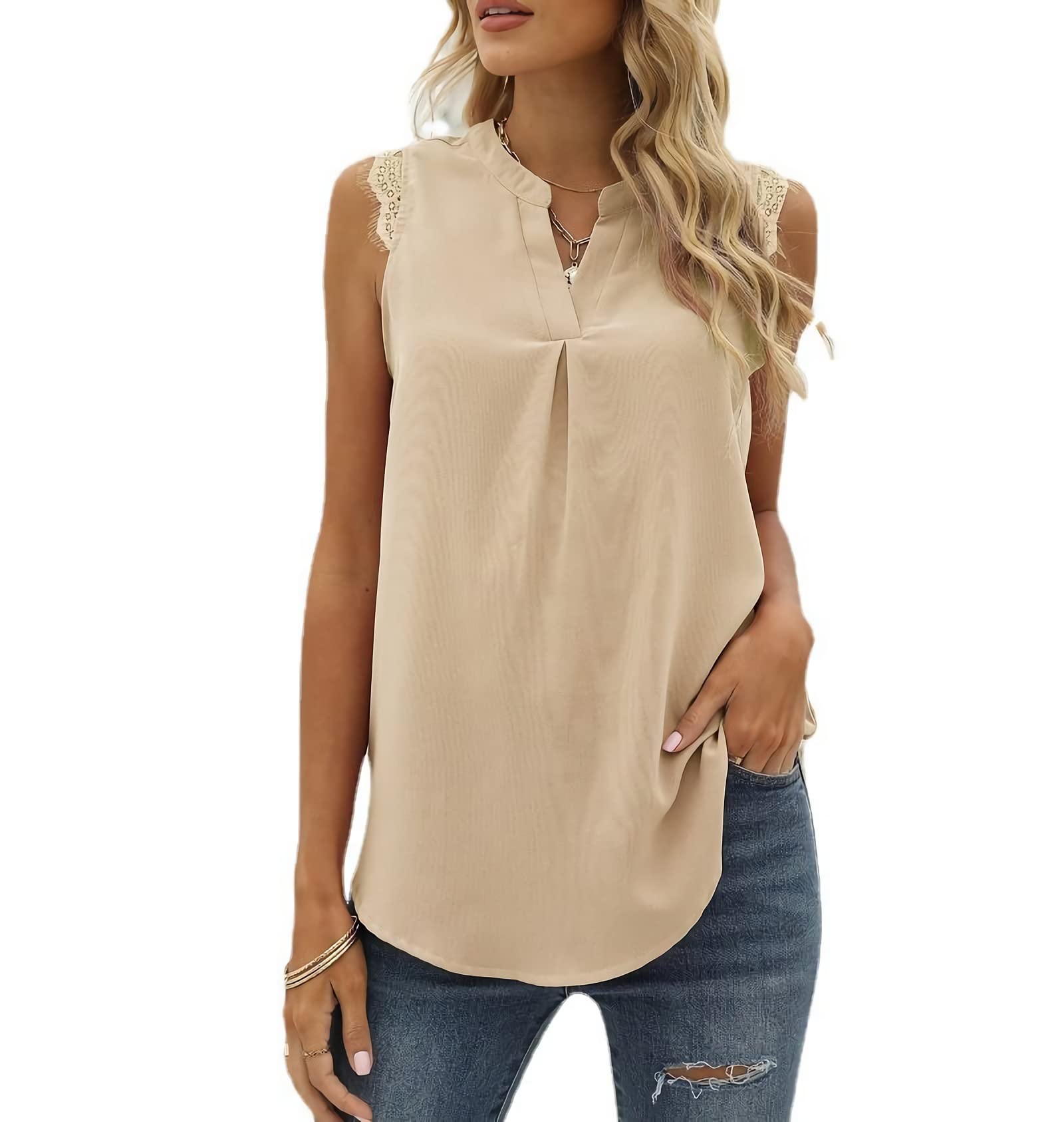 Women's V Neck Lace Tank Top - Summer Casual Sleeveless Solid Color Shirt for Women | Perfect for Beach, Vacation & Everyday Wear