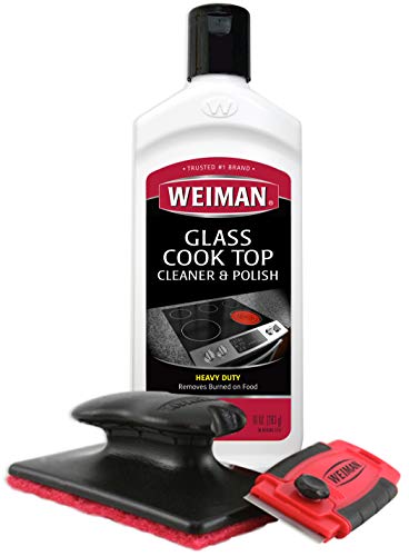 Weiman Cooktop and Stove Top Cleaner Kit - 10 oz Glass Cooktop Cleaner & Polish with Scrubbing Pad, Cleaning Tool, Razor Scraper - Perfect for Ceramic, Induction & Electric Stoves - Easy Burner & Grease Removal for Sparkling Kitchen Surfaces