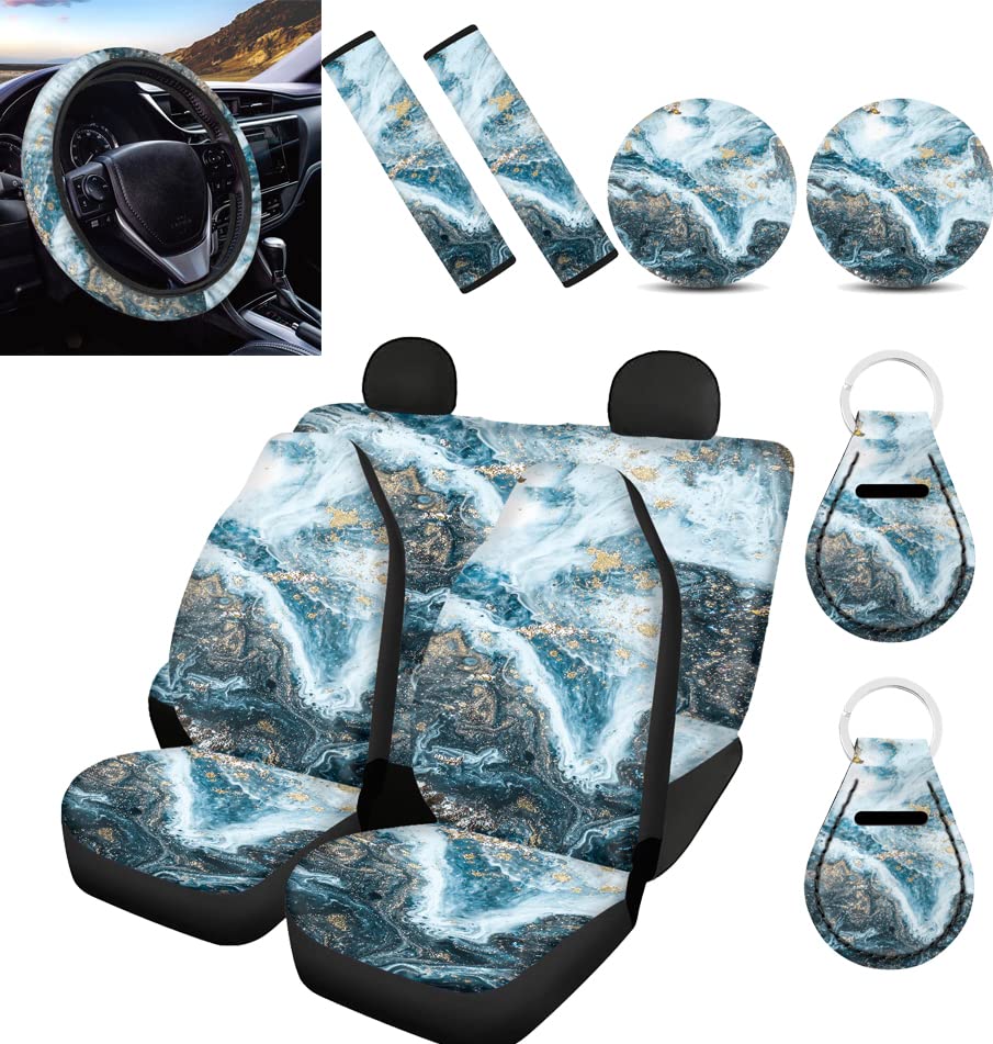 YoungerBaby Granite Texture Print Car Seat Covers Full Set - Universal Fit for Cars, SUVs & Trucks - Steering Wheel Cover, Cup Coasters, Keychain & Seatbelt Pads Included - Durable Interior Accessories for Women & Men - Perfect for Road Trips, Commuting & Family Travel