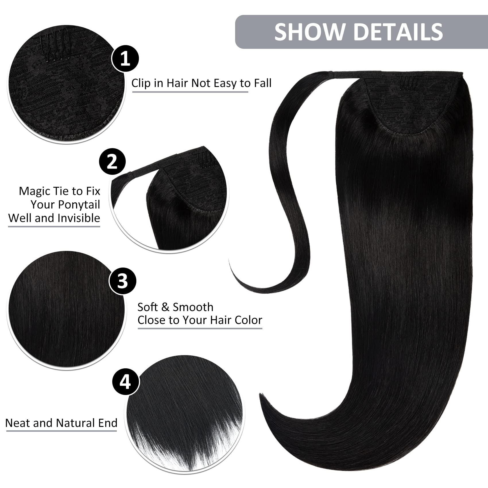 Caliee 100% Real Human Hair Extensions - 18Inch Jet Black Wrap Around Ponytail with Comb (80G) | Clip-in Hairpiece for Women | Perfect for Parties, Weddings & Daily Styling
