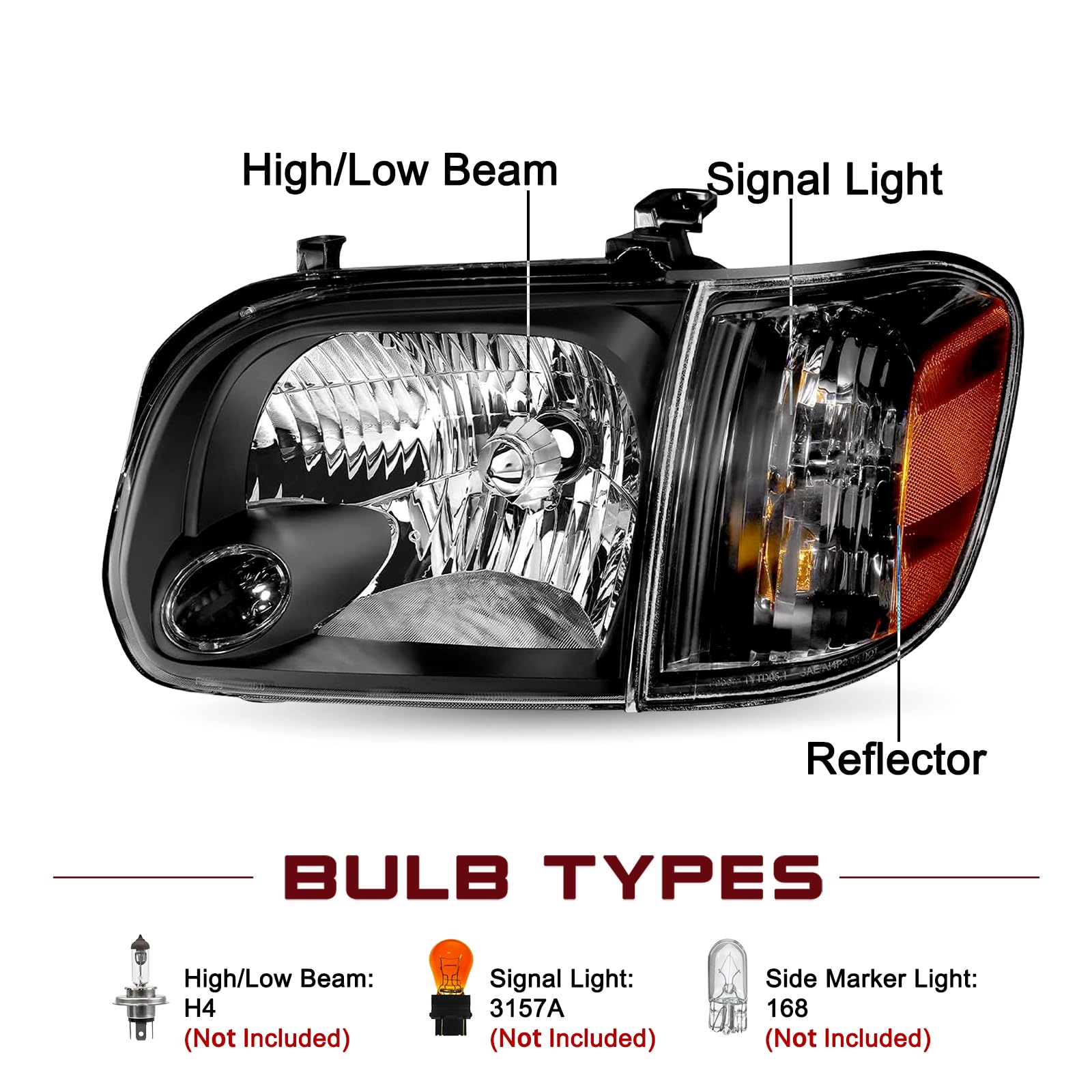 JSBOYAT Headlight Assembly for 2005-2006 Toyota Tundra Double/Crew Cab & 2005-2007 Sequoia - Black Housing with Amber Reflector - Replacement Headlamps with Corner Lights - Perfect for Off-Roading & Night Driving