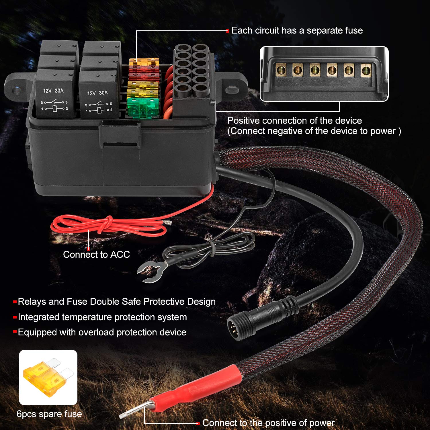 6 Gang Switch Panel with Auto Power Plus - Universal Dimmable Touch Control Box with Relay System & Harness Label Sticker for Car, Marine, Boat, ATV, UTV, Truck - Perfect for Off-Road Adventures & Night Driving