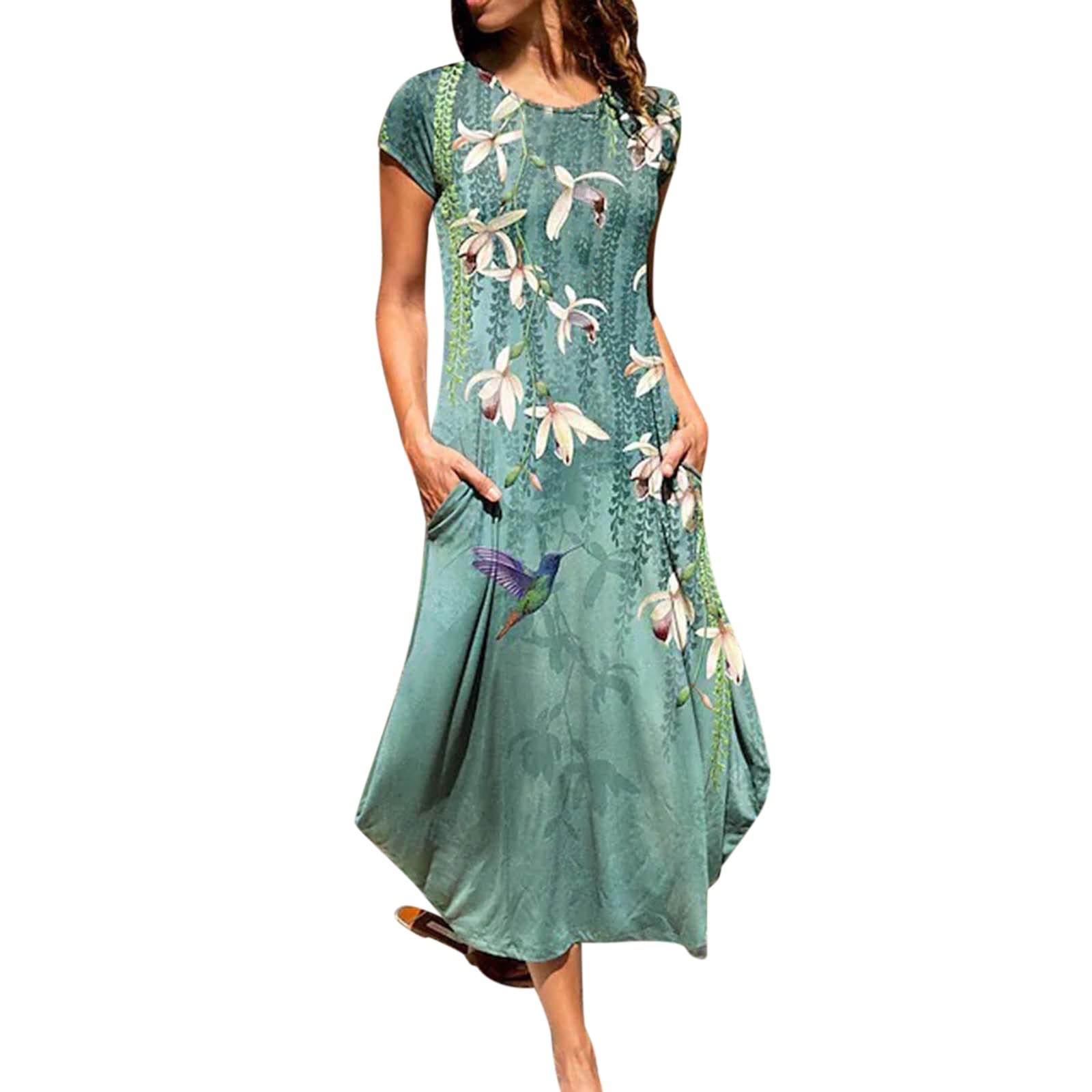Women's Summer Maxi Dress - Short Sleeve Casual Loose Pocket Long Dress for Beach, Vacation & Everyday Wear | AWASWAE Flowy Going Out Dresses