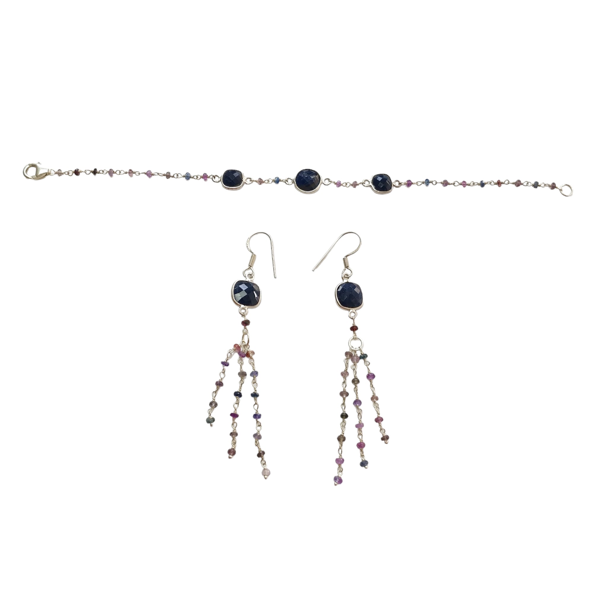 Blue & Multi Sapphire Gemstone 925 Sterling Silver Jewelry Set - 8.61g Natural Untreated Beaded Bracelet & Drop Dangle Earrings | Perfect for Weddings, Parties & Special Occasions