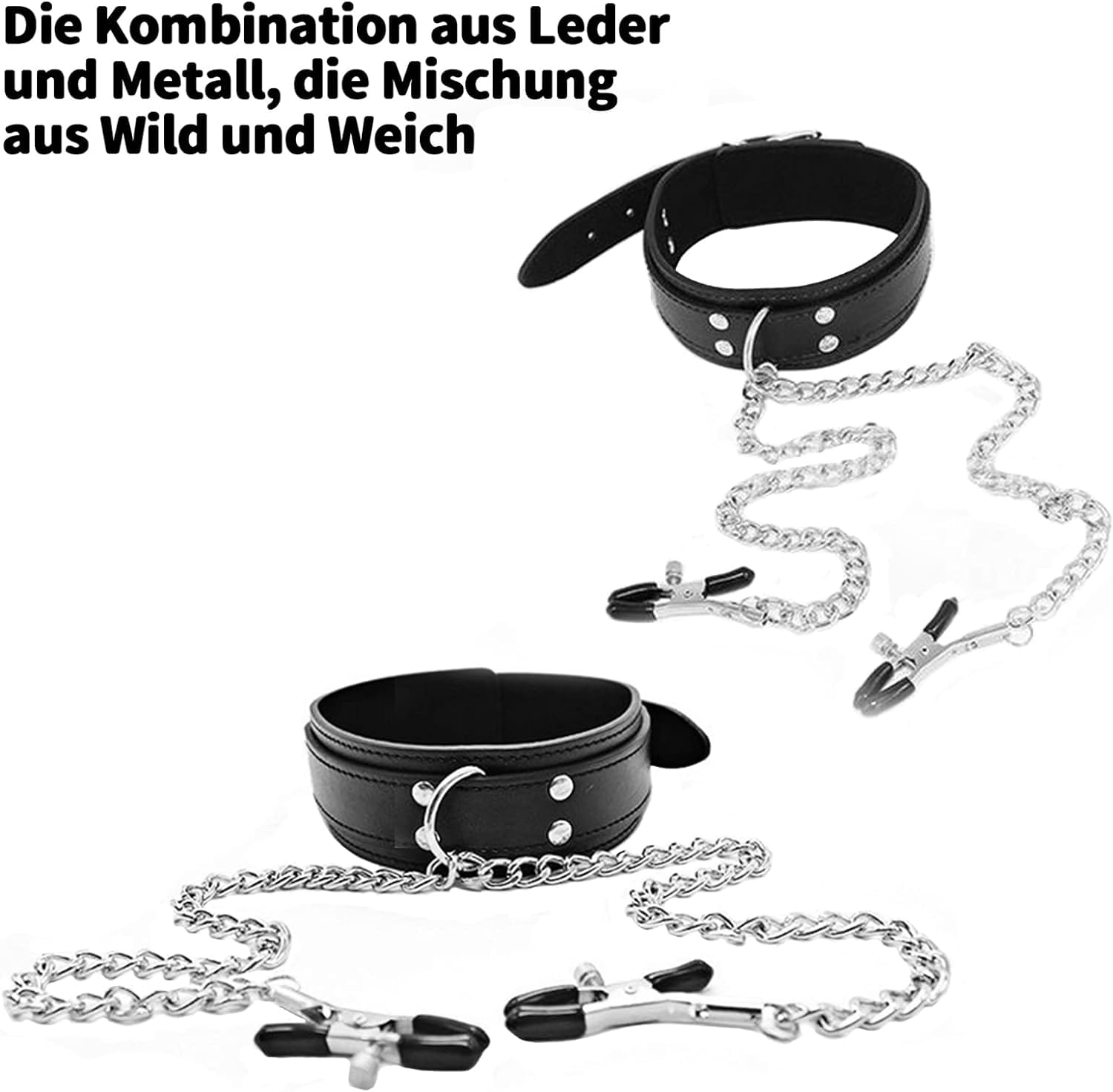 BDSM Nipple Clamps & Leather Collar Set - Fetish Toys for Women - Red
