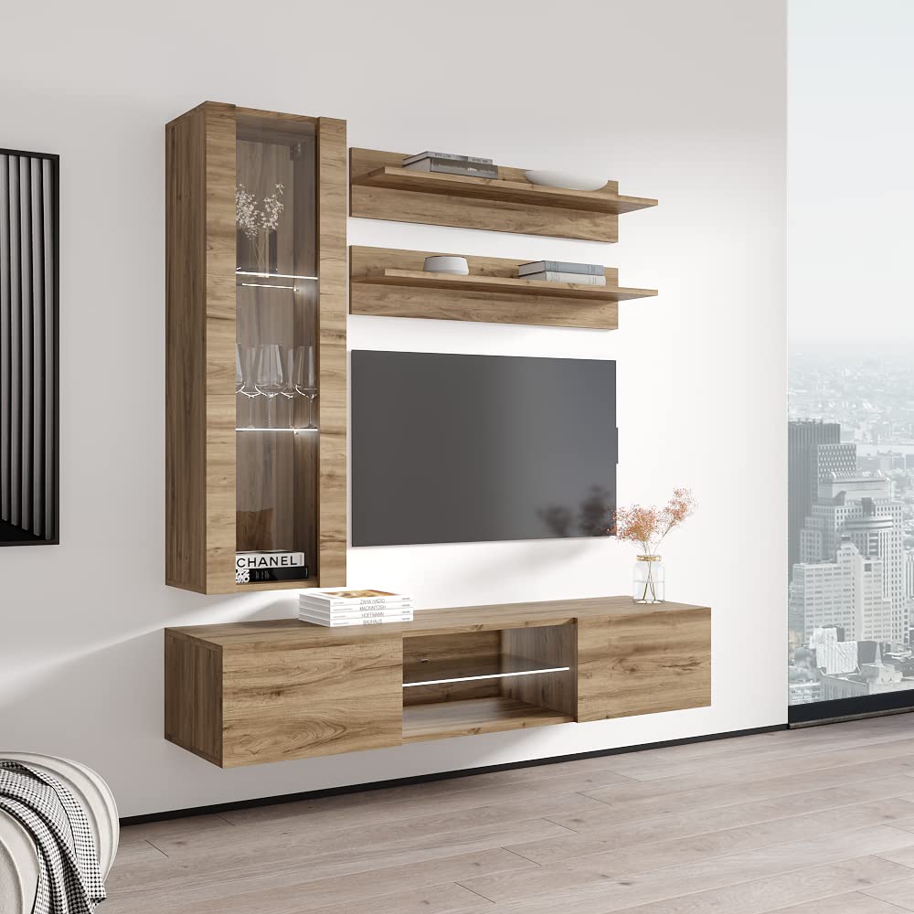 Modern Floating TV Stand with Storage & LED Lights - Wall-Mounted Entertainment Center for Bedroom & Living Room - Oak Wood TV Console with Shelves - Perfect for Small Spaces & Home Theater Setup