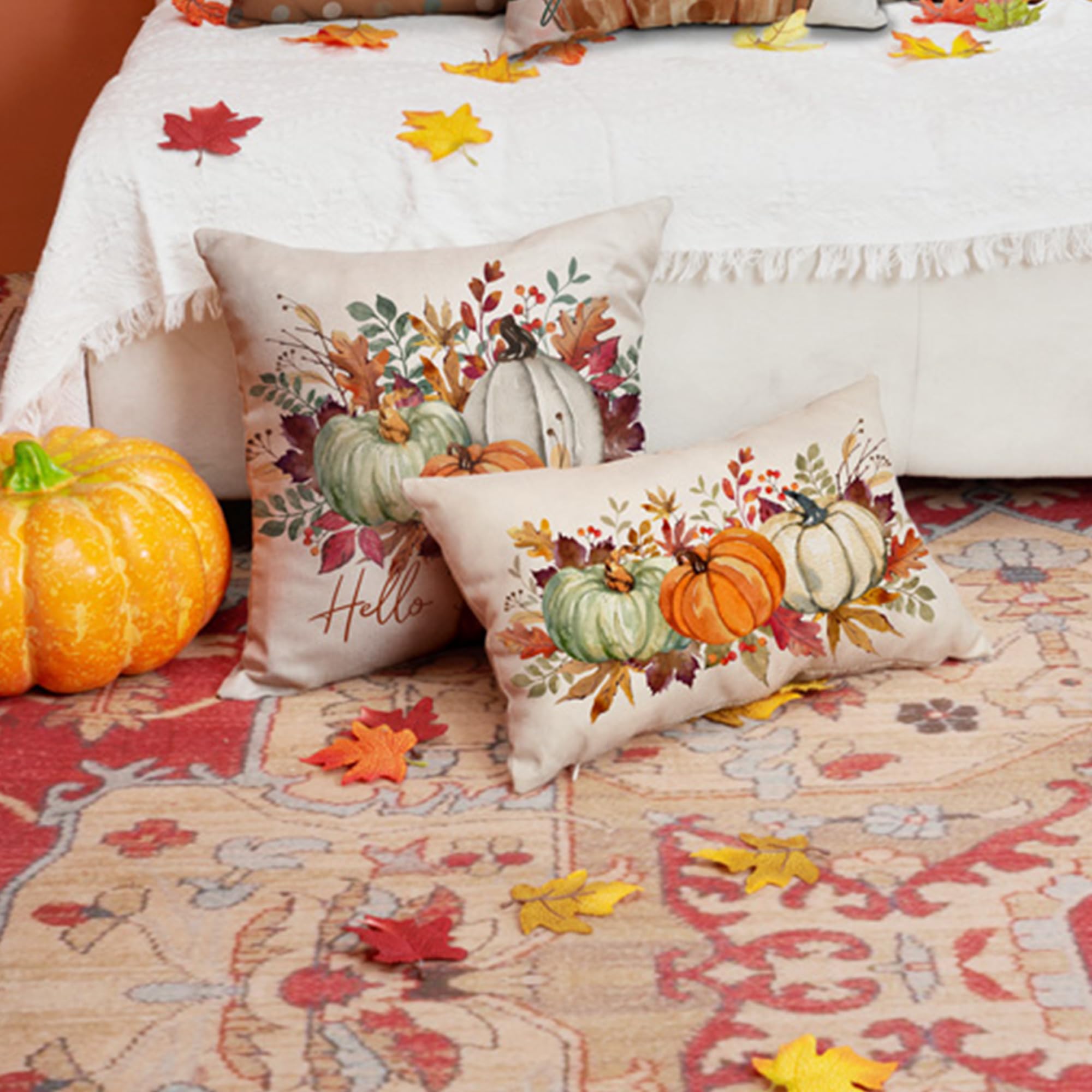 DFXSZ 12x20 Inch Fall Thanksgiving Pillow Covers - Orange White Green Pumpkin Maple Leaf Lumbar Cushion Covers, Soft Polyester Home Decor for Sofa, Couch, Living Room | Seasonal Autumn Thanksgiving Decoration