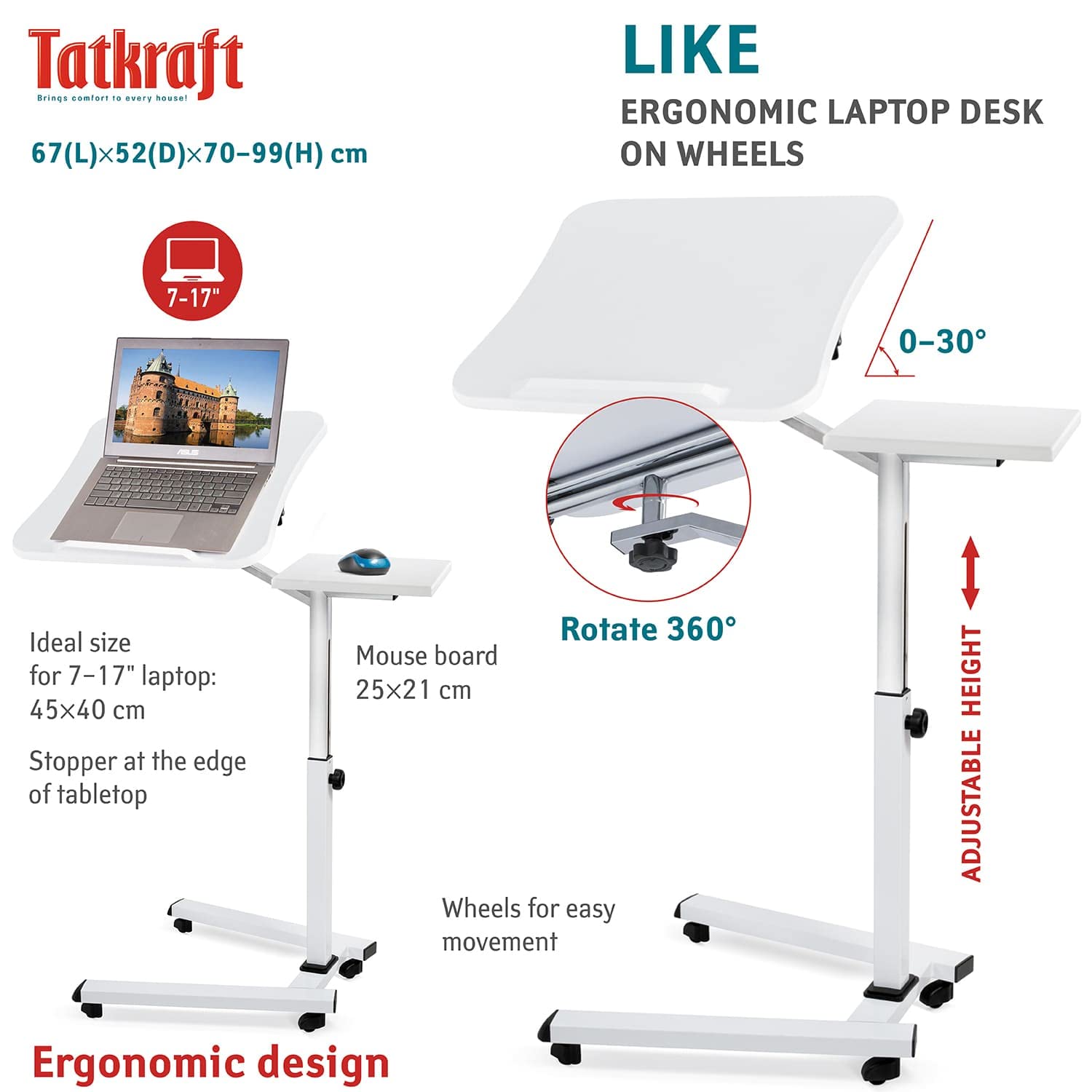 Tatkraft Portable Laptop Desk with Mouse Pad - Adjustable Height Rolling Computer Stand, Ergonomic & Sturdy Workstation for Office, Home, Gaming - White