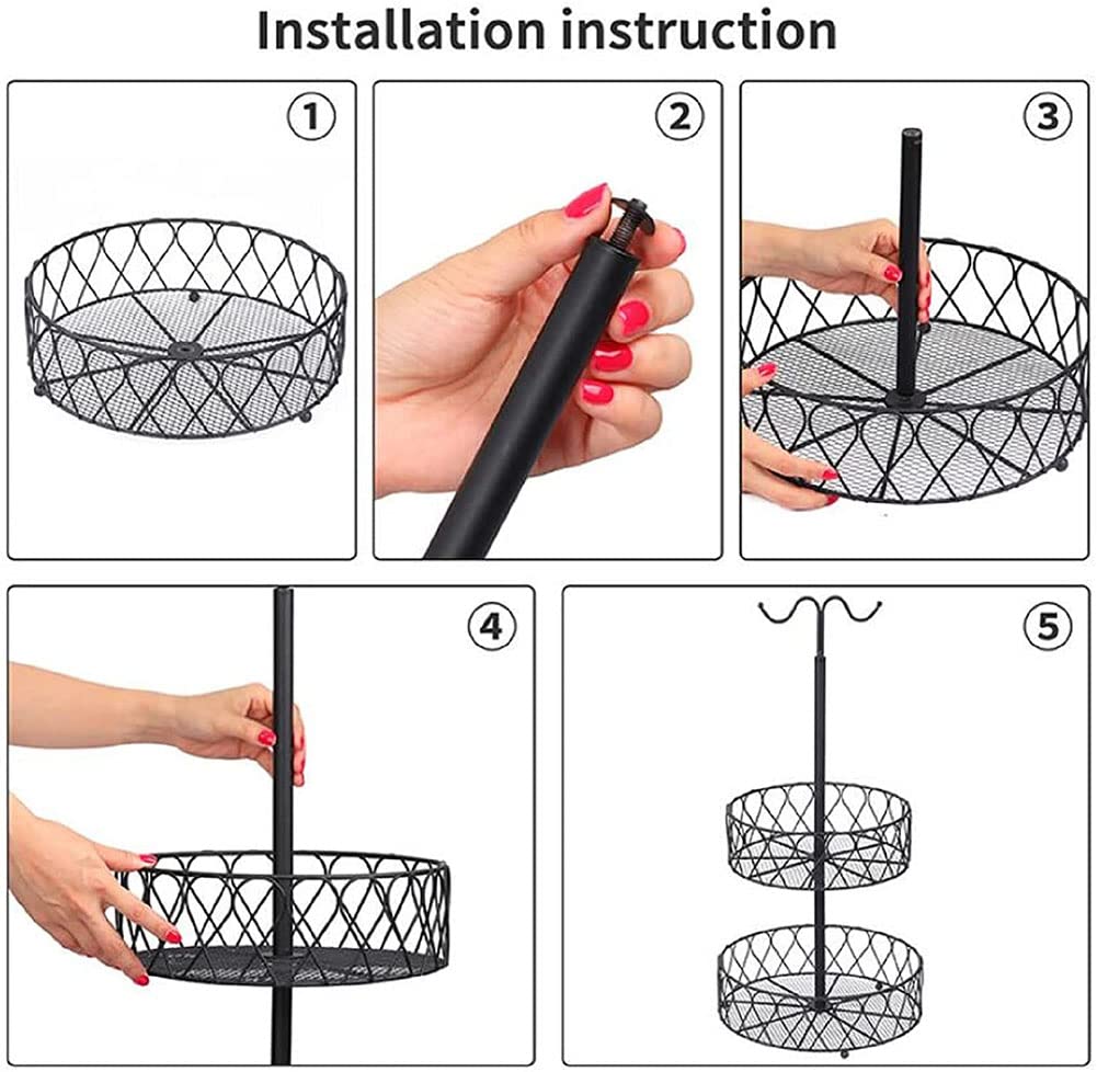 2 Tier Metal Wire Fruit Basket with Banana Hanger - Countertop Kitchen Organizer for Fruits & Vegetables - Detachable Storage Stand for Bananas, Apples, Oranges - Perfect for Kitchen Counter, Pantry, or Dining Table Display
