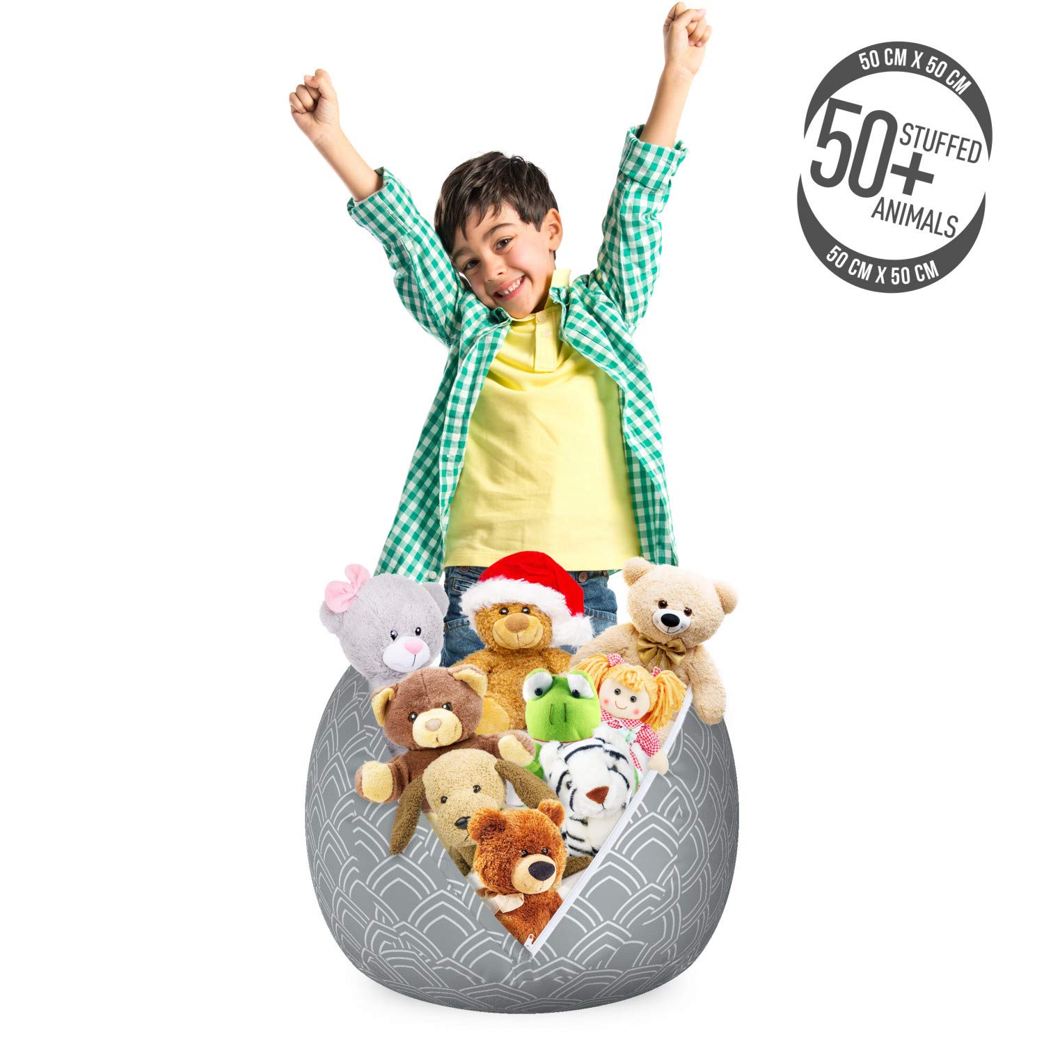 Ambesonne Geometric Toy Storage Bag Chair - Traditional Oriental Pattern with Classical Curves, Washable Stuffed Animal Organizer, Small Size Grey Beige - Perfect for Kids' Room, Nursery, or Playroom Organization